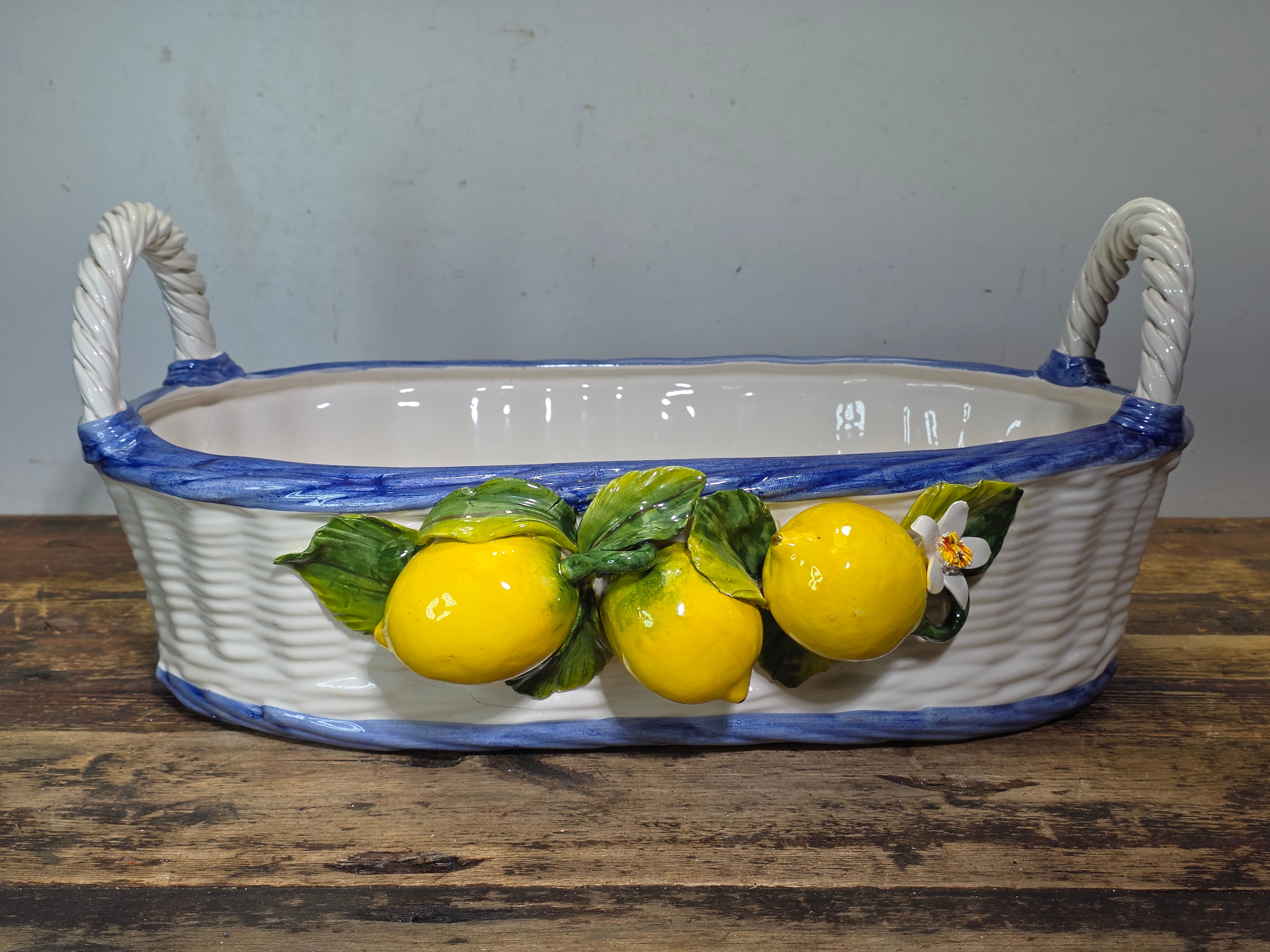 Vintage Italian Orgia Majolica Lemon Planter Basket Pot Ceramiche D'arte 19.5"L
