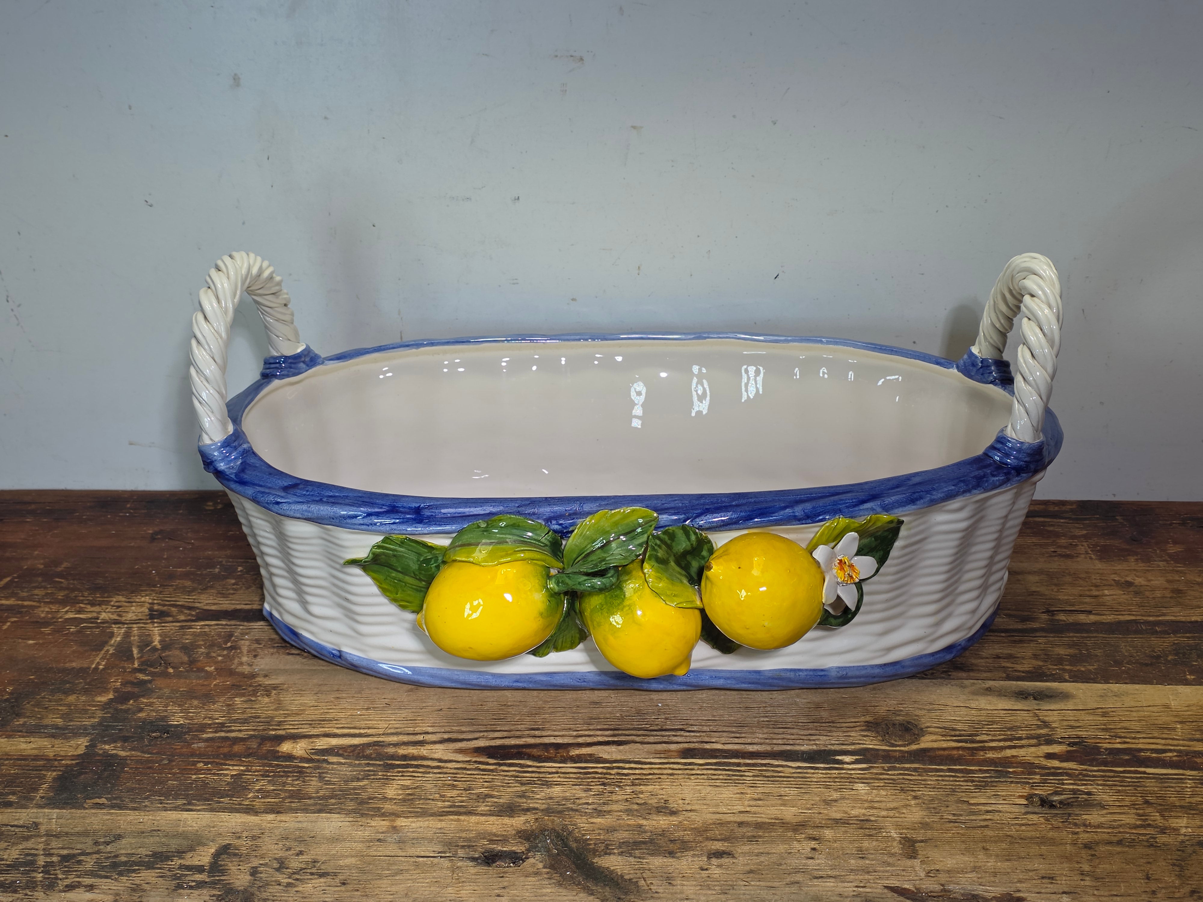 Vintage Italian Orgia Majolica Lemon Planter Basket Pot Ceramiche D'arte 19.5"L