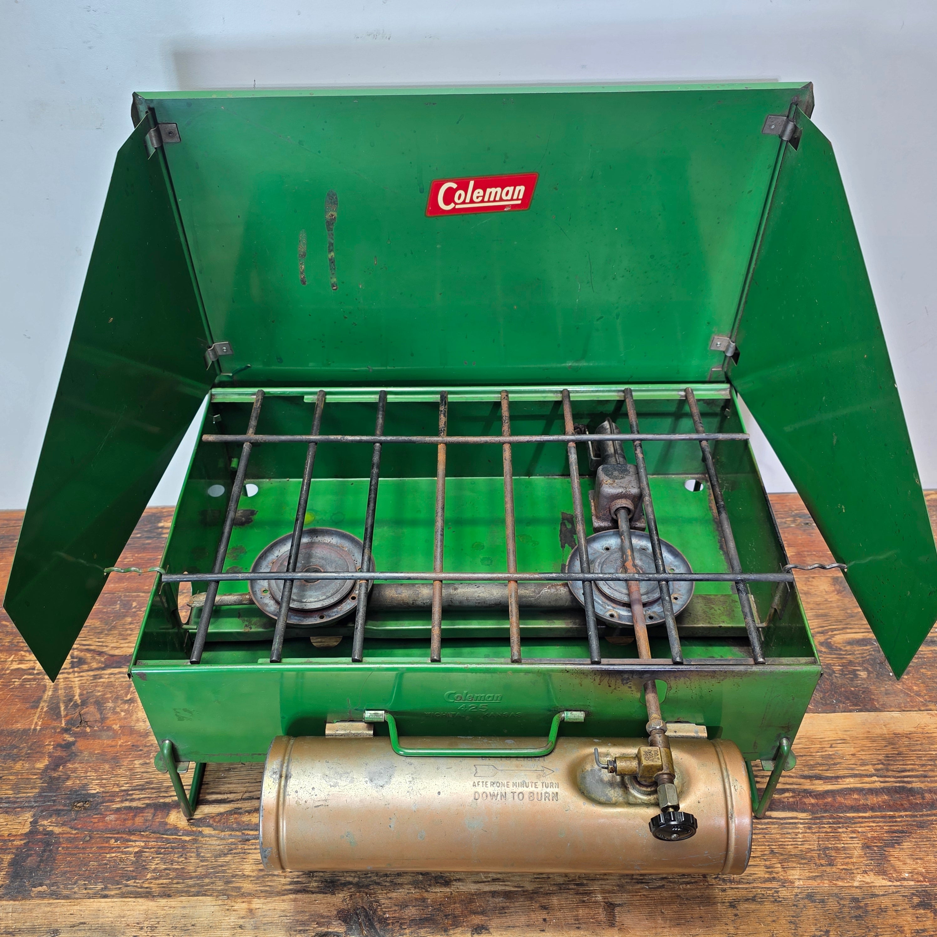 Vintage Coleman 425 Two Burner Camp Stove Gold Tank Green Case AS-IS