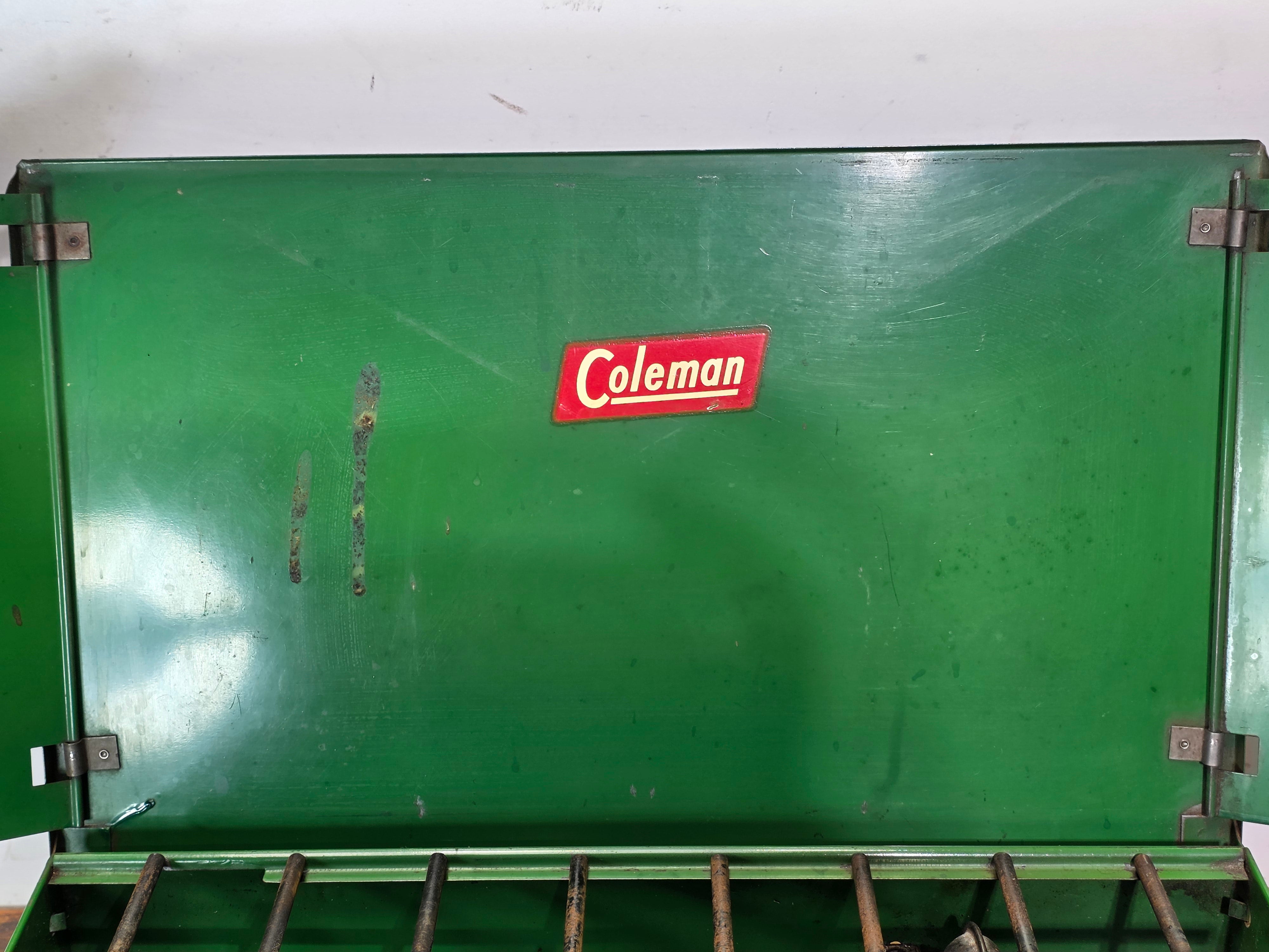 Vintage Coleman 425 Two Burner Camp Stove Gold Tank Green Case AS-IS