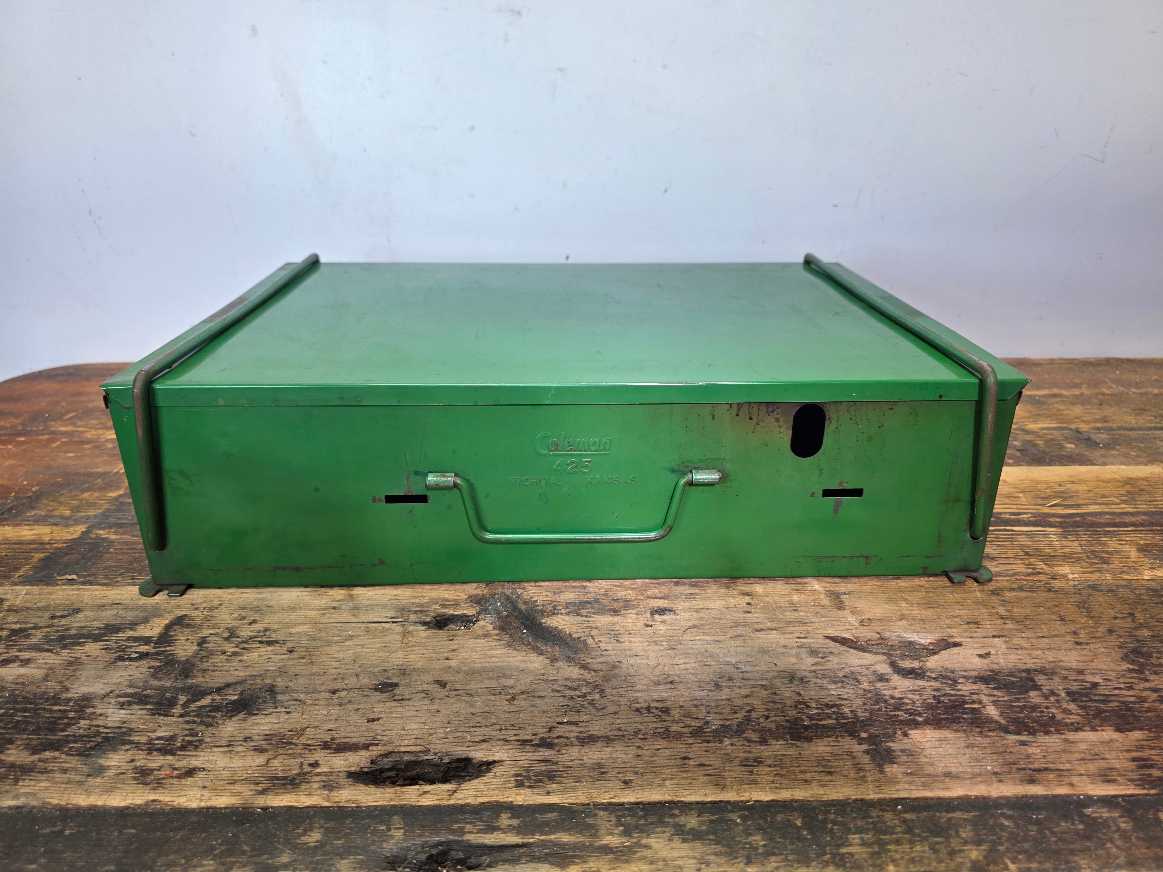 Vintage Coleman 425 Two Burner Camp Stove Gold Tank Green Case AS-IS