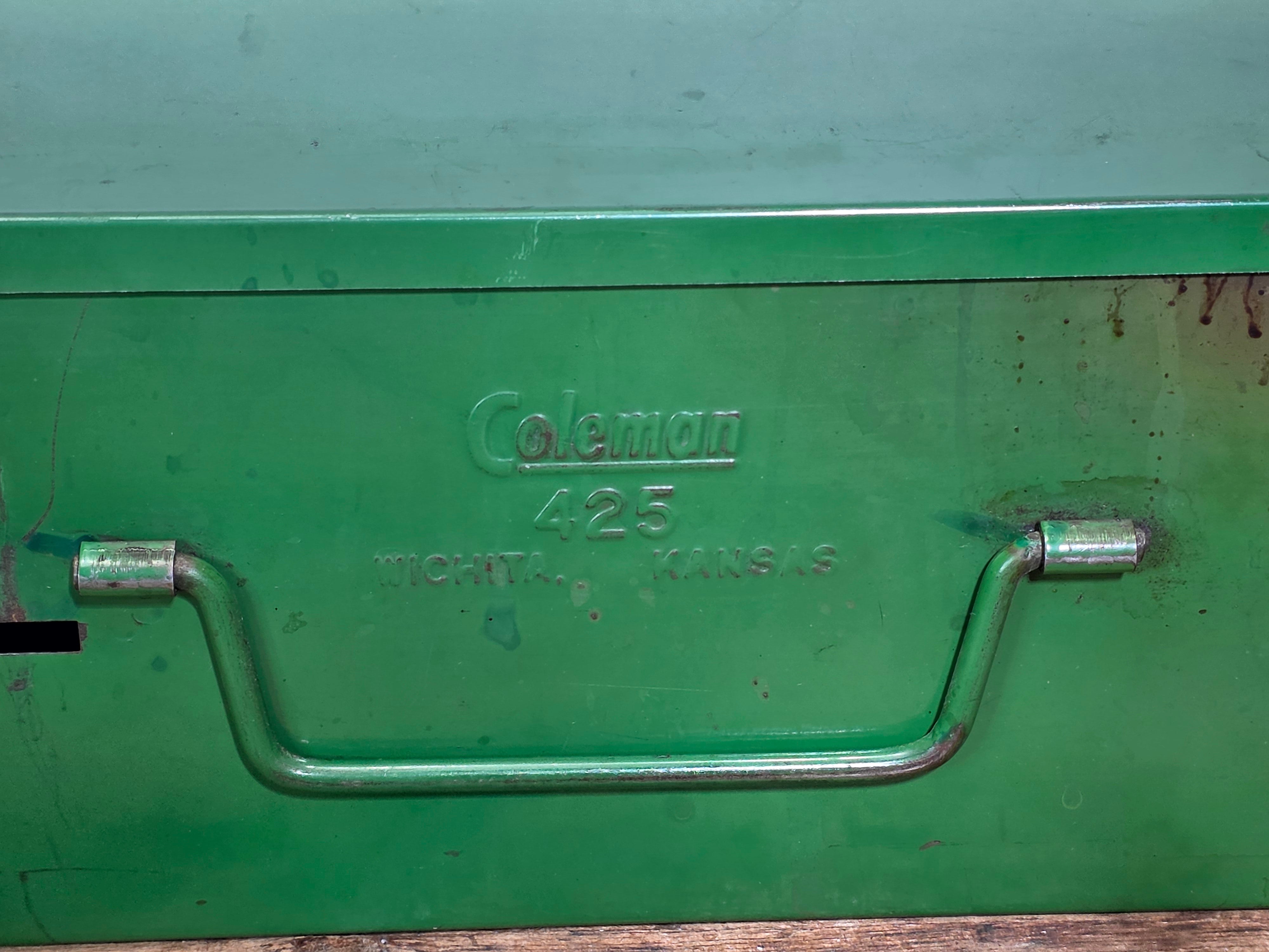 Vintage Coleman 425 Two Burner Camp Stove Gold Tank Green Case AS-IS