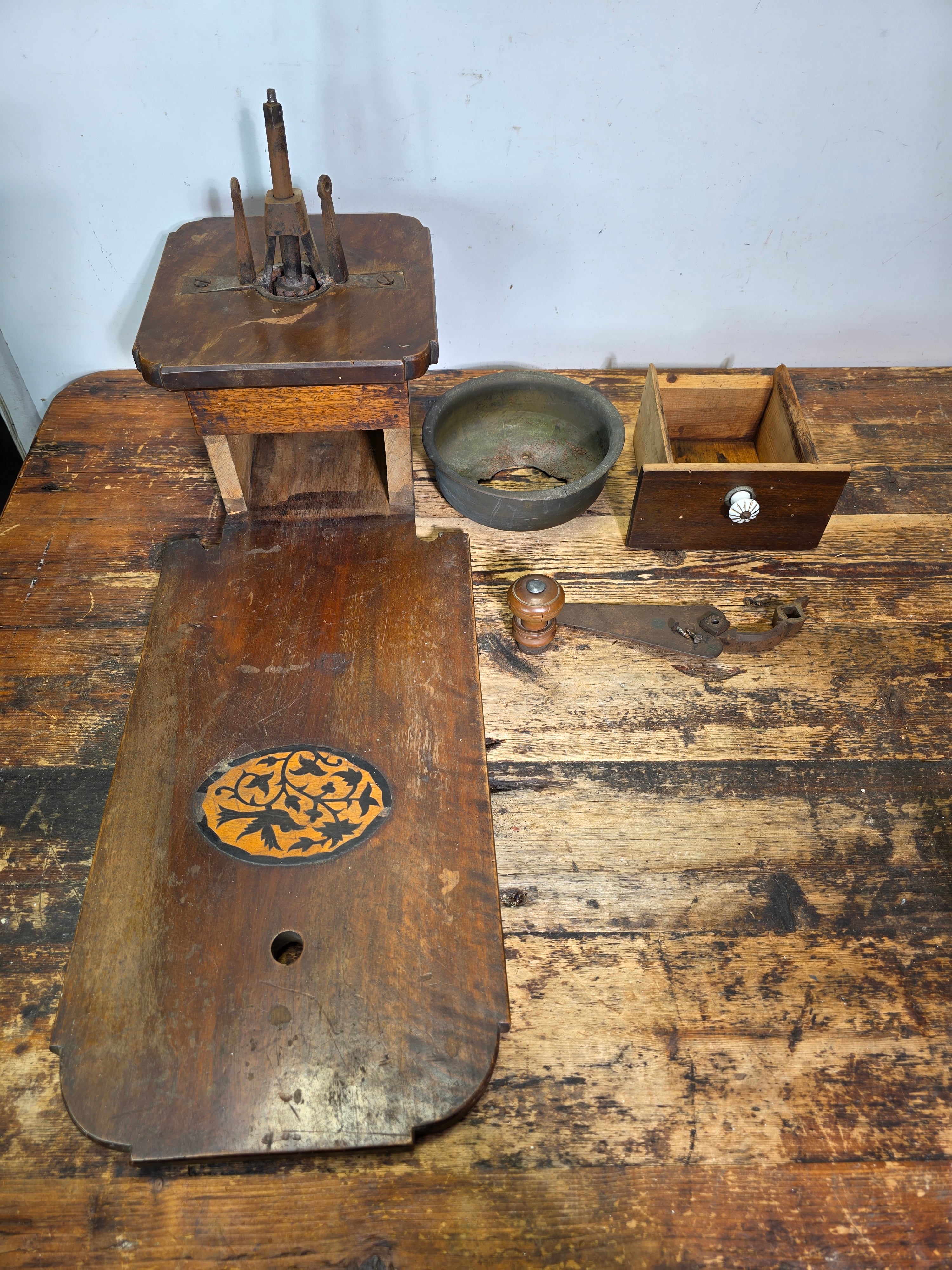 Museum Antique Ottoman Turkish Coffee Grinder Large Wooden Inlay Bird Mill 19th