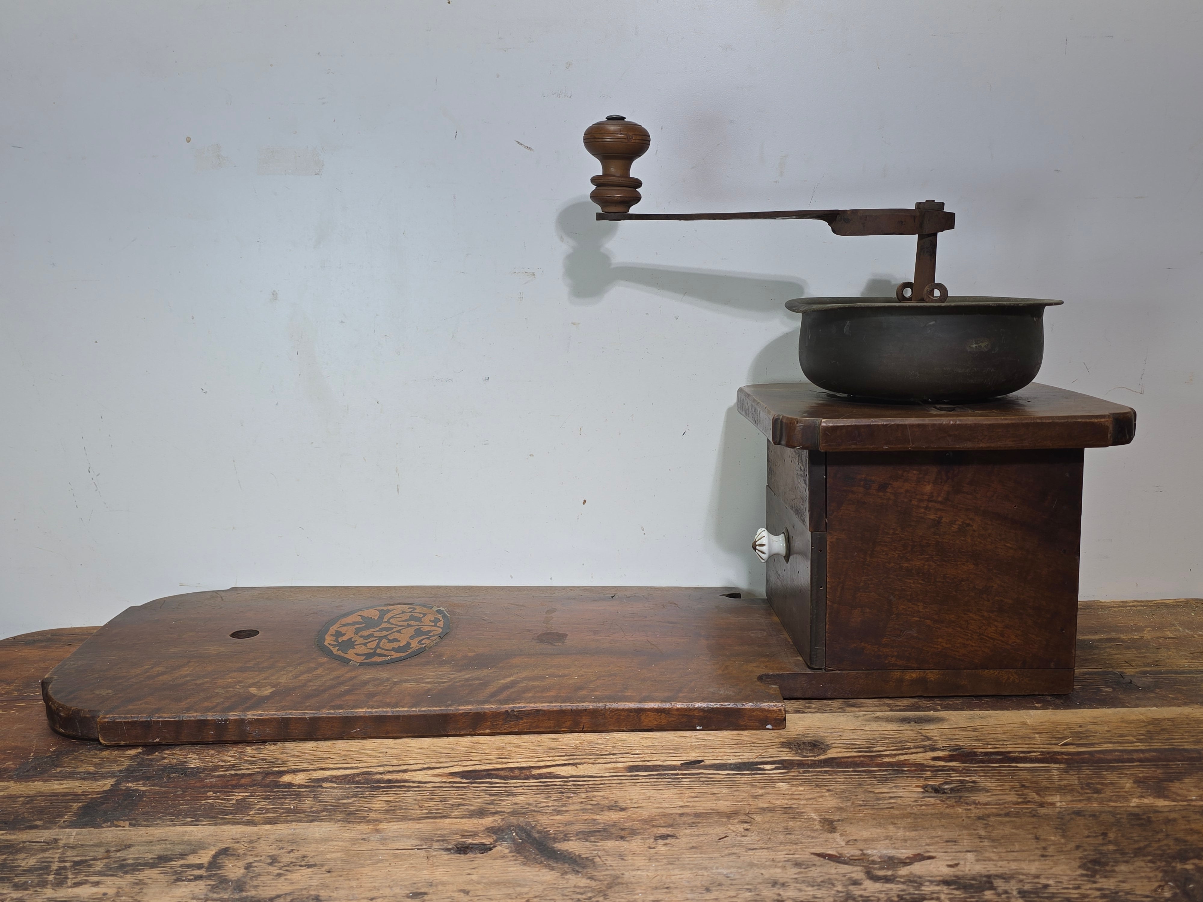 Museum Antique Ottoman Turkish Coffee Grinder Large Wooden Inlay Bird Mill 19th