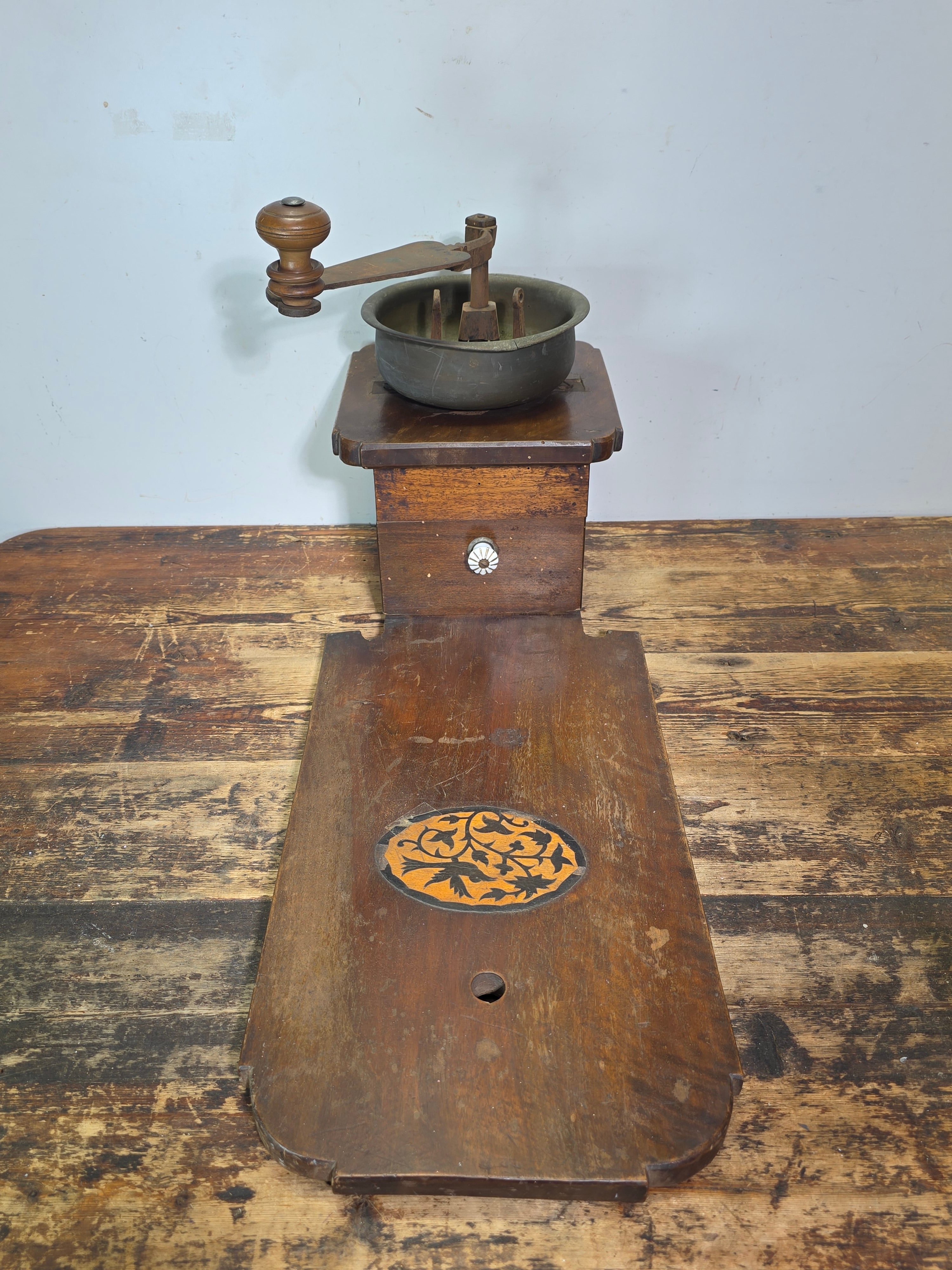 Museum Antique Ottoman Turkish Coffee Grinder Large Wooden Inlay Bird Mill 19th