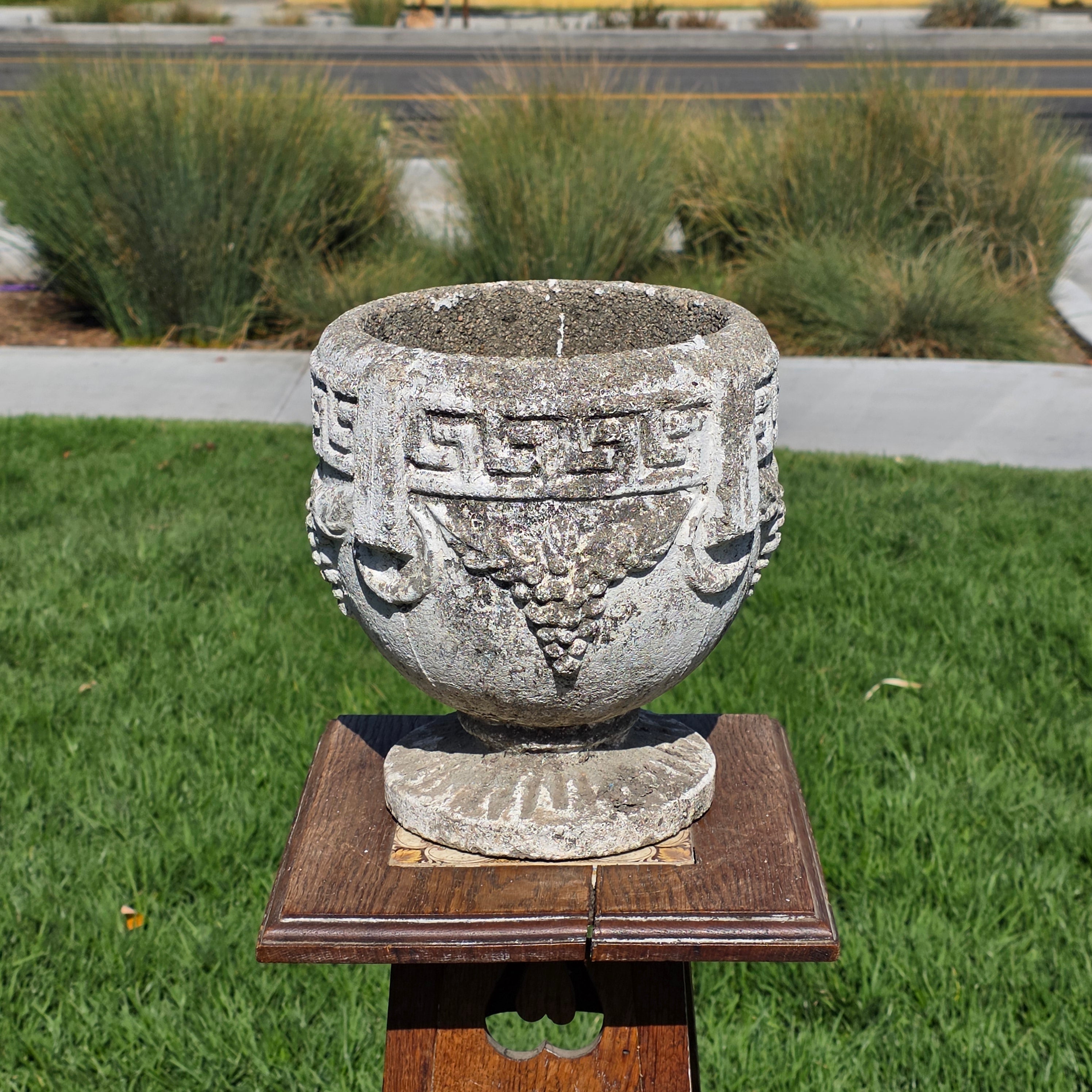 Vintage Concrete Garden Planter Greek Key Grape Urn Cast Stone Heavy Pot 22 lbs