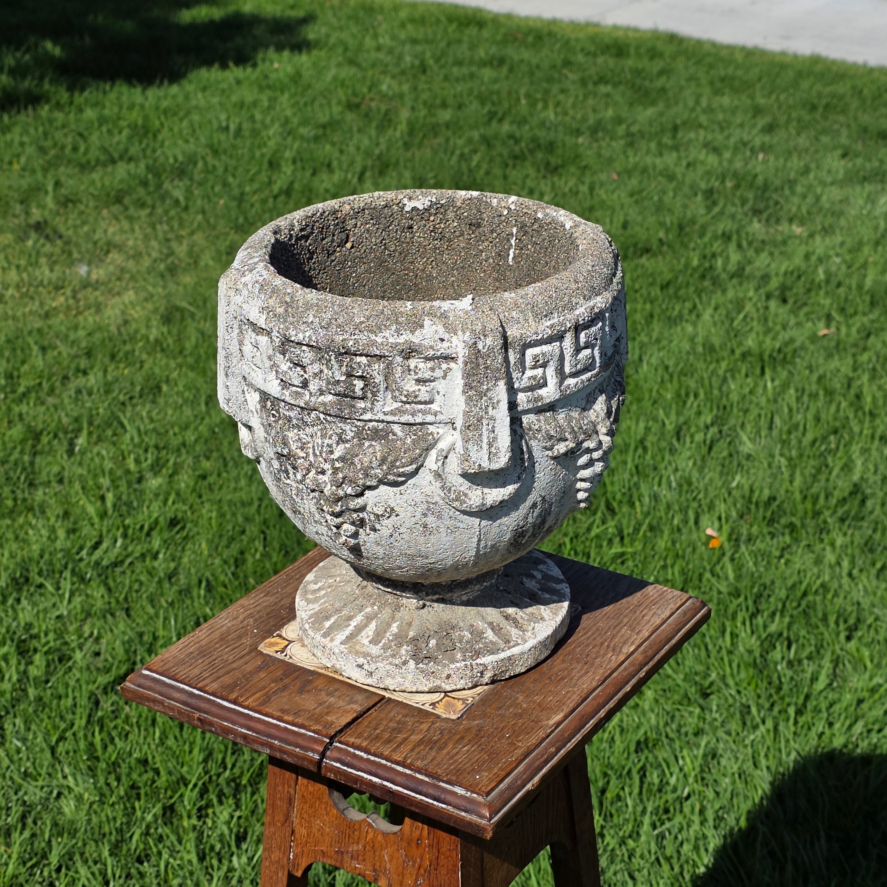 Vintage Concrete Garden Planter Greek Key Grape Urn Cast Stone Heavy Pot 22 lbs