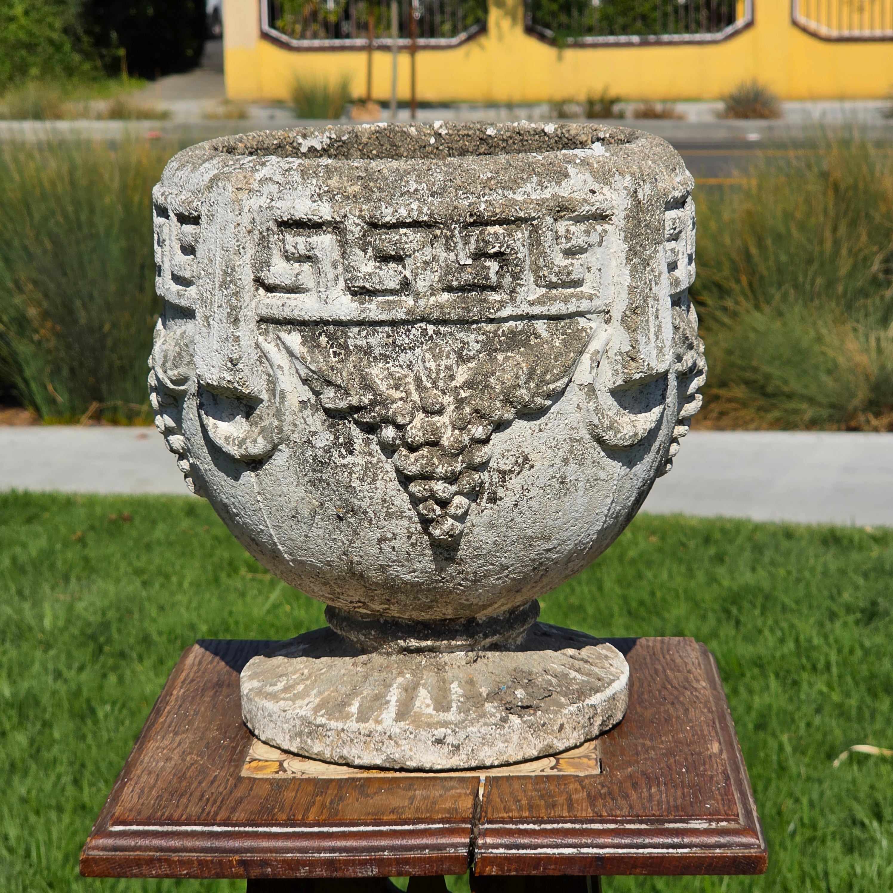 Vintage Concrete Garden Planter Greek Key Grape Urn Cast Stone Heavy Pot 22 lbs