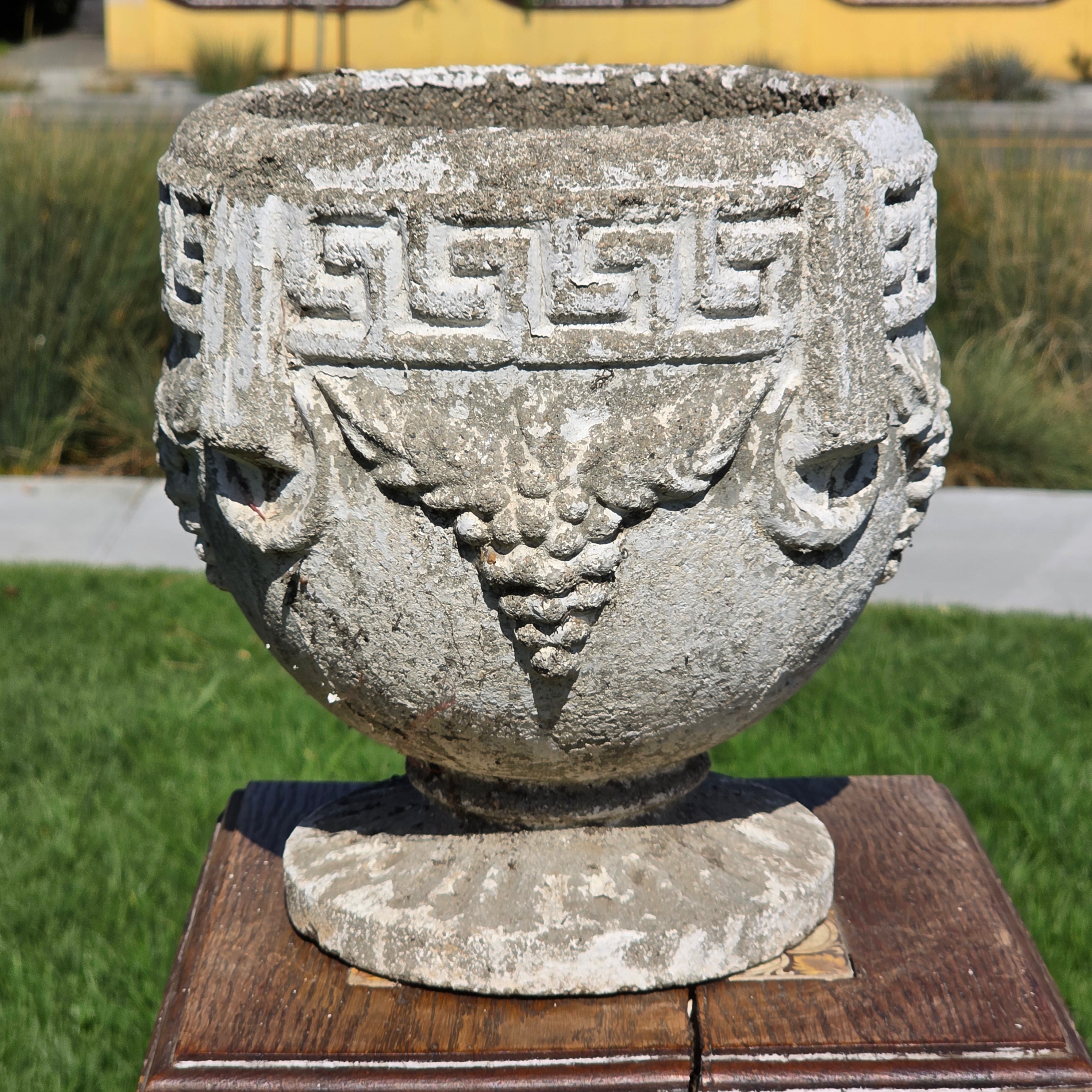 Vintage Concrete Garden Planter Greek Key Grape Urn Cast Stone Heavy Pot 22 lbs