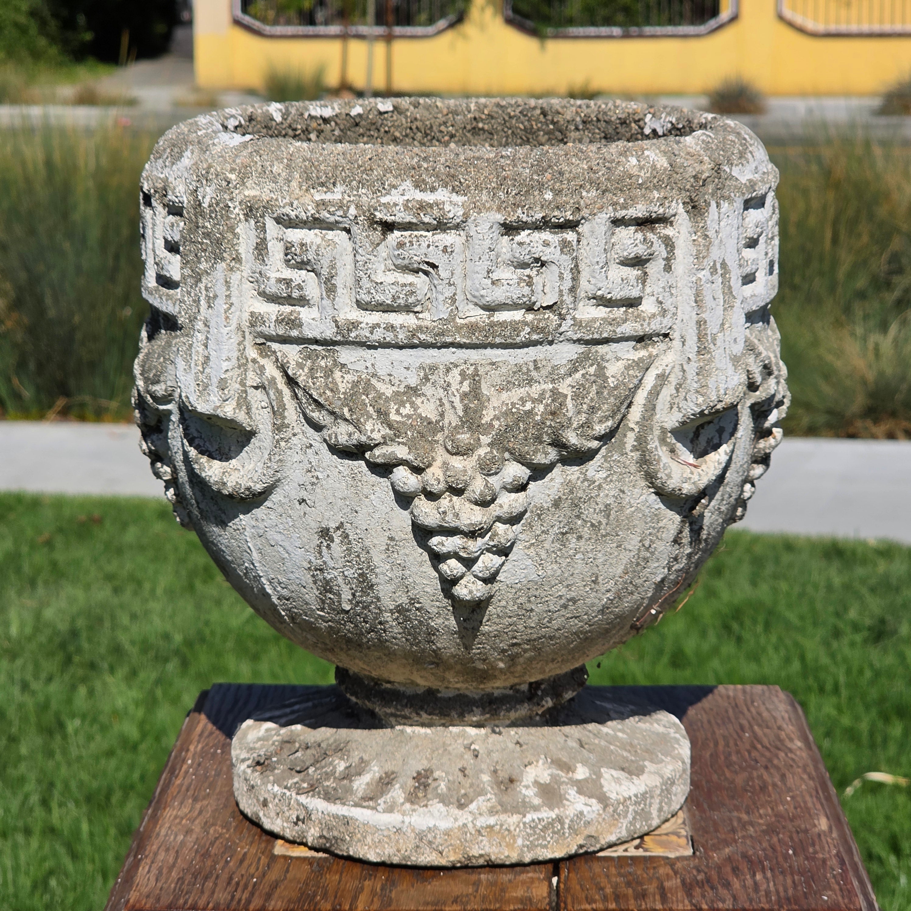 Vintage Concrete Garden Planter Greek Key Grape Urn Cast Stone Heavy Pot 22 lbs