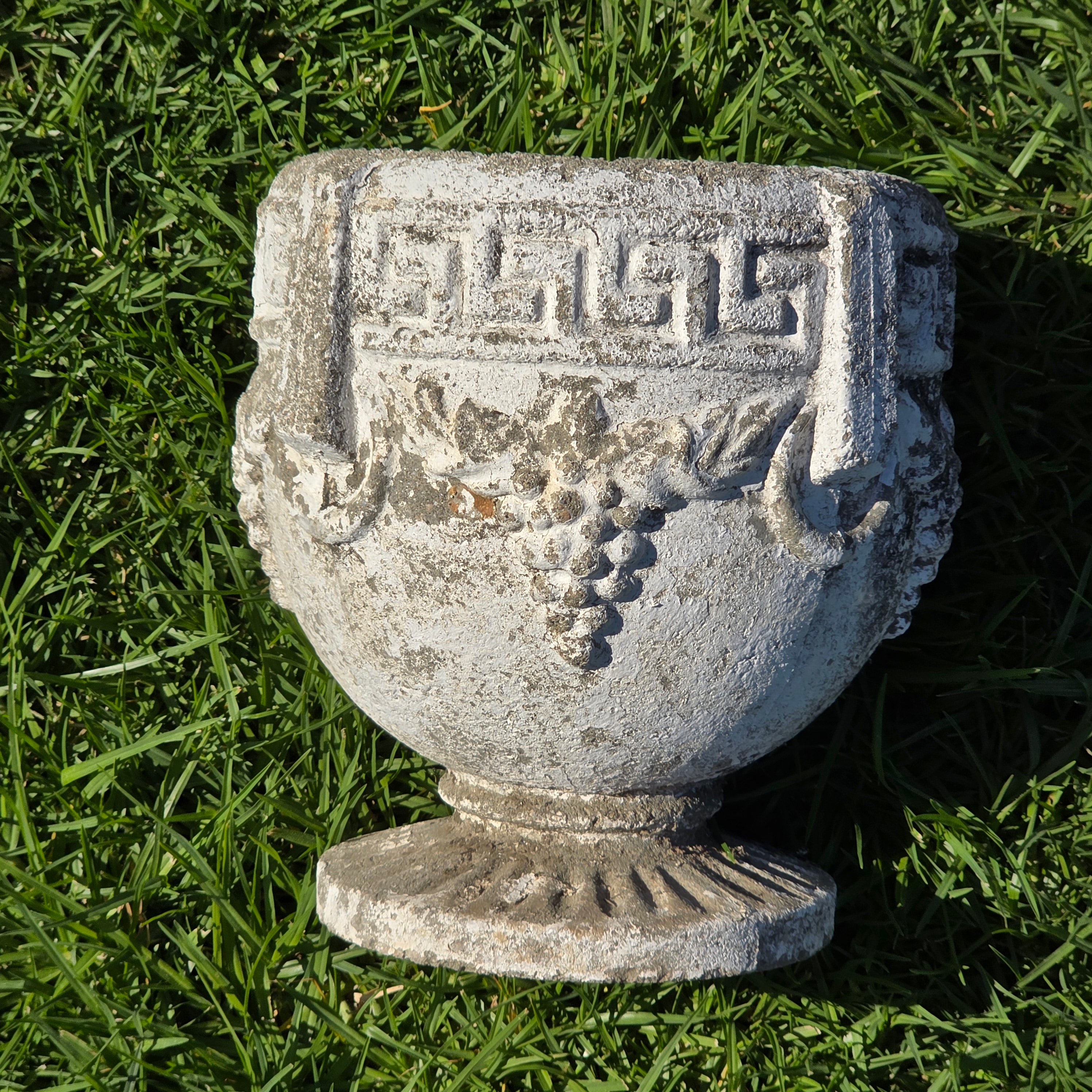 Vintage Concrete Garden Planter Greek Key Grape Urn Cast Stone Heavy Pot 22 lbs