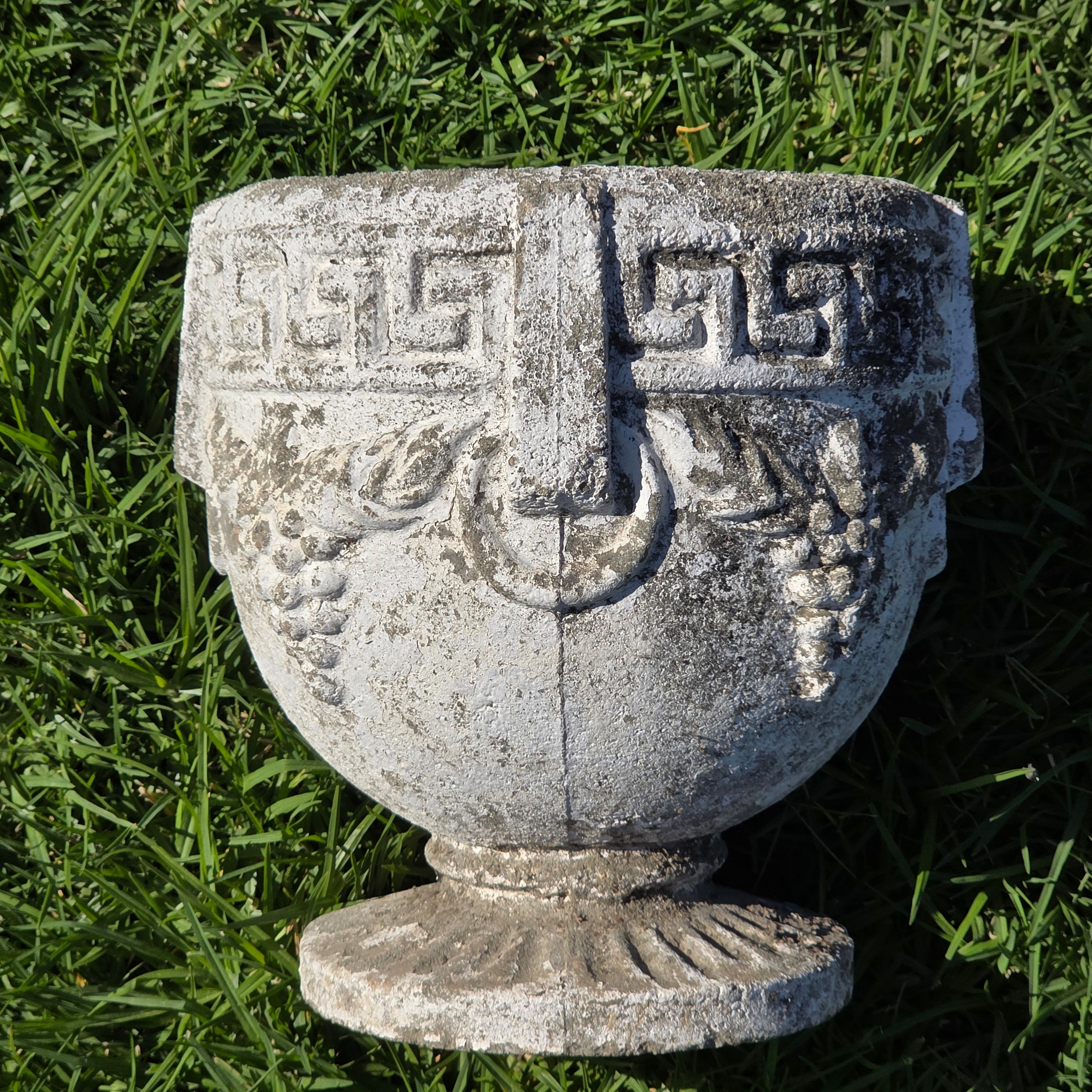 Vintage Concrete Garden Planter Greek Key Grape Urn Cast Stone Heavy Pot 22 lbs