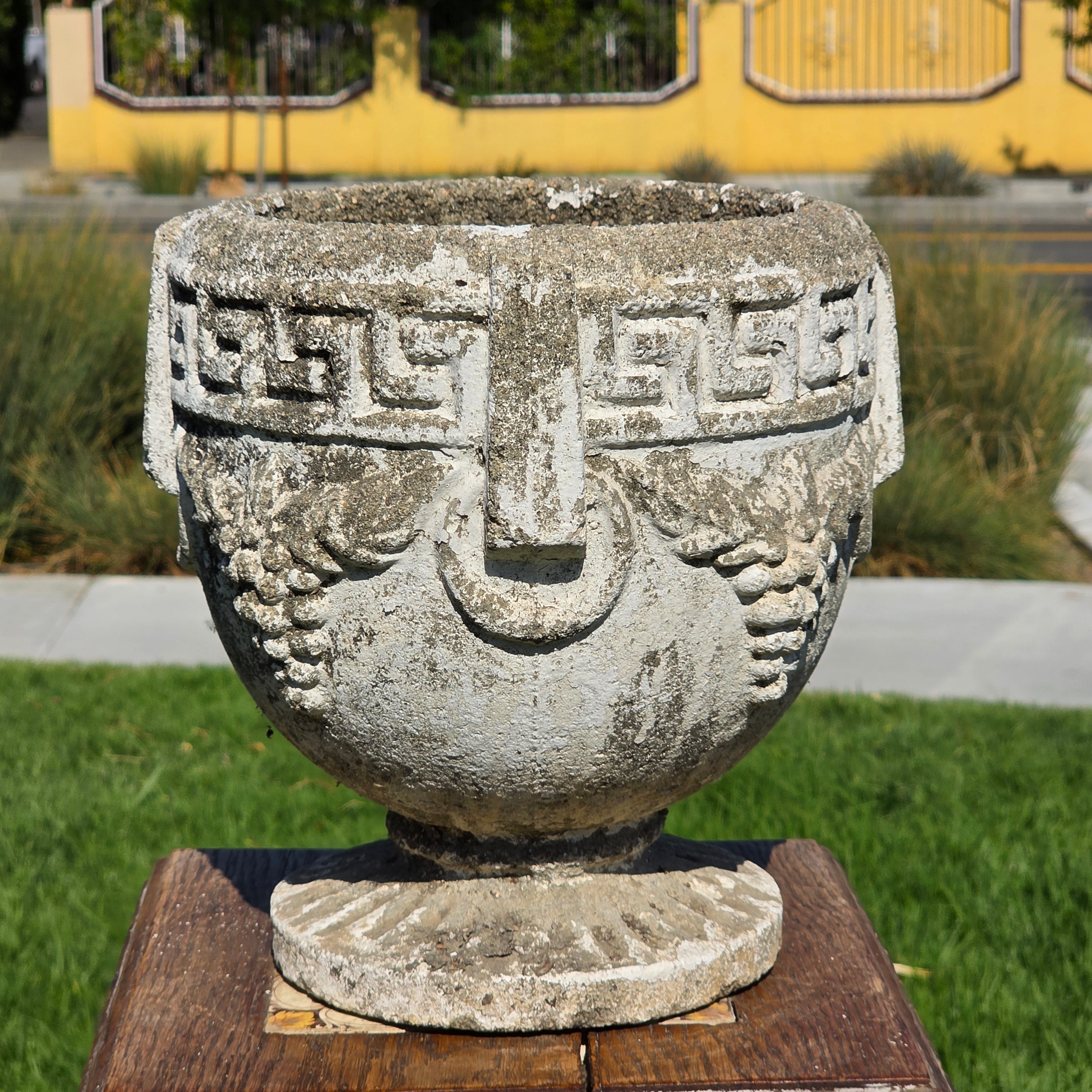 Vintage Concrete Garden Planter Greek Key Grape Urn Cast Stone Heavy Pot 22 lbs