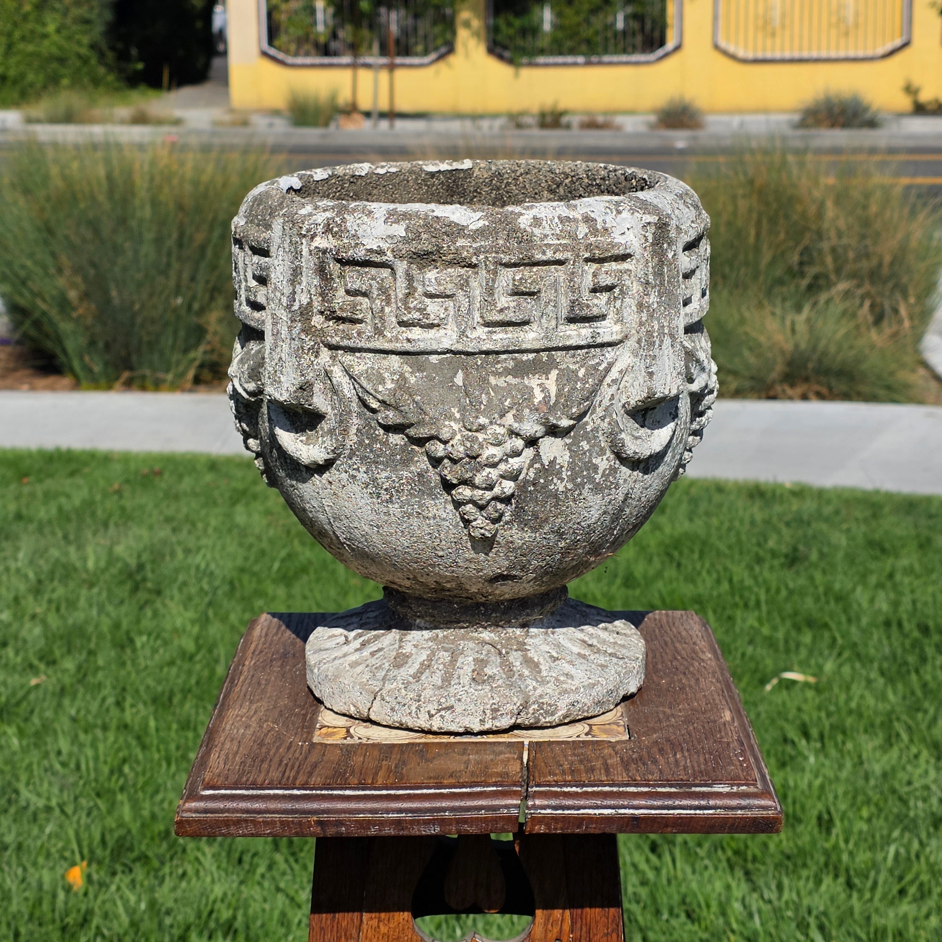 Vintage Concrete Garden Planter Greek Key Grape Urn Cast Stone Heavy Pot Repair