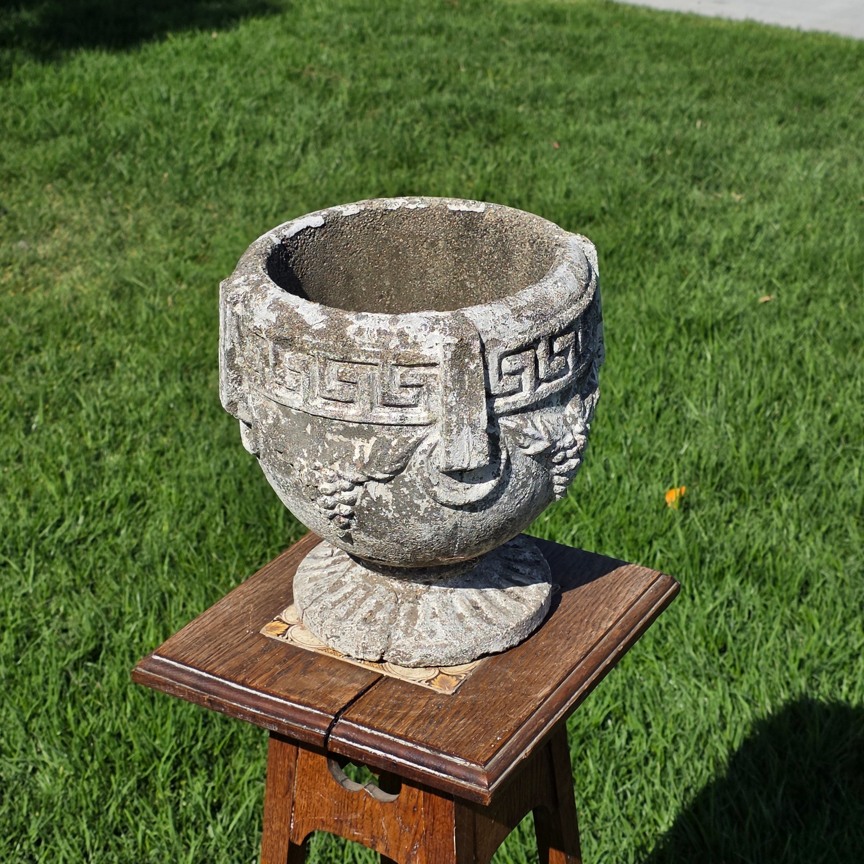 Vintage Concrete Garden Planter Greek Key Grape Urn Cast Stone Heavy Pot Repair
