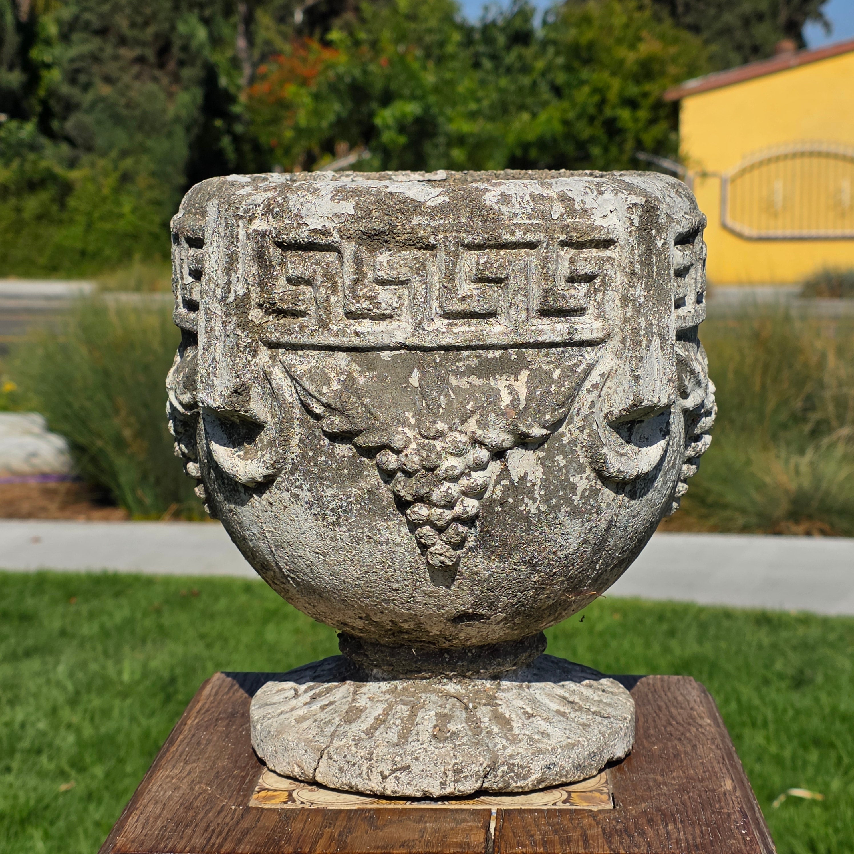 Vintage Concrete Garden Planter Greek Key Grape Urn Cast Stone Heavy Pot Repair