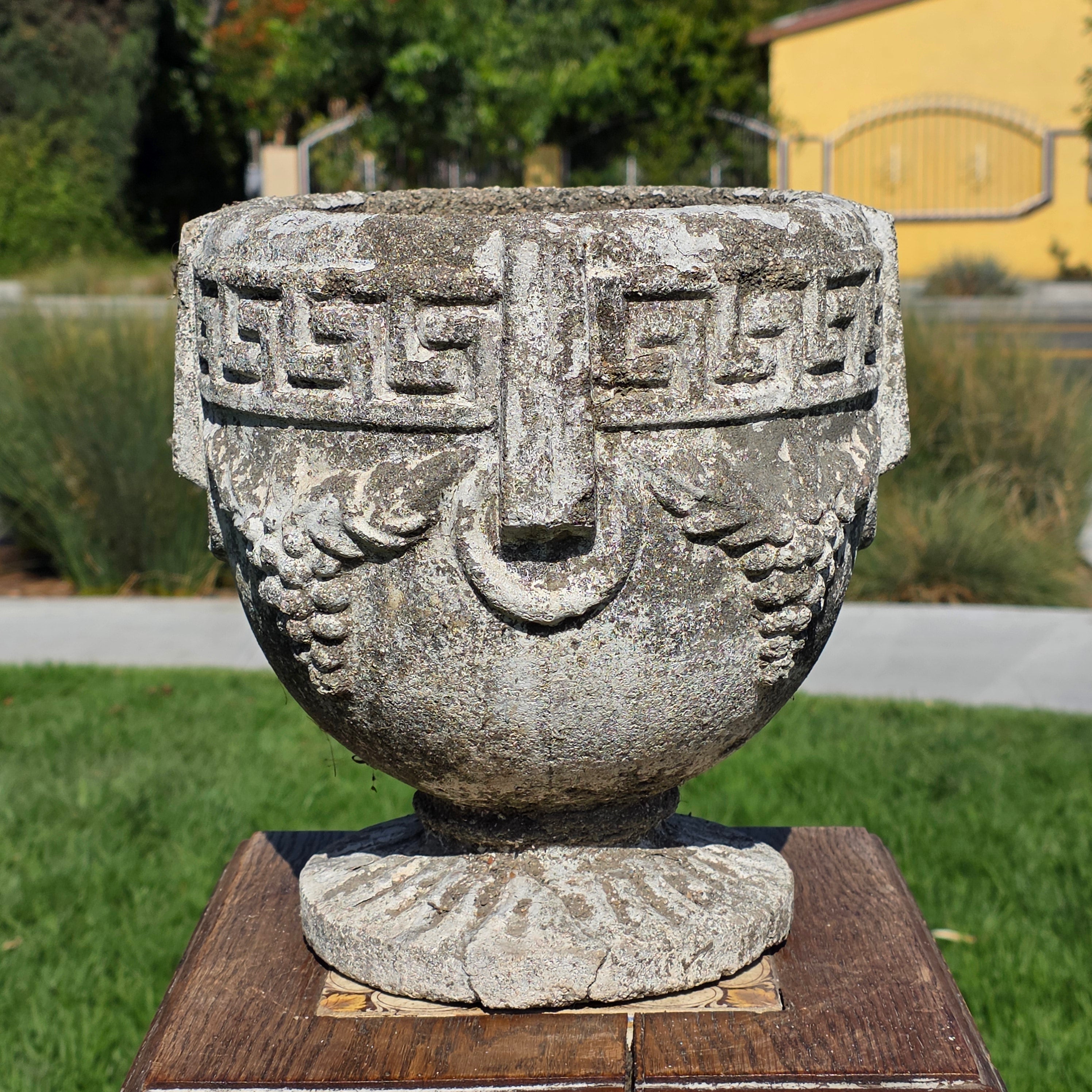 Vintage Concrete Garden Planter Greek Key Grape Urn Cast Stone Heavy Pot Repair
