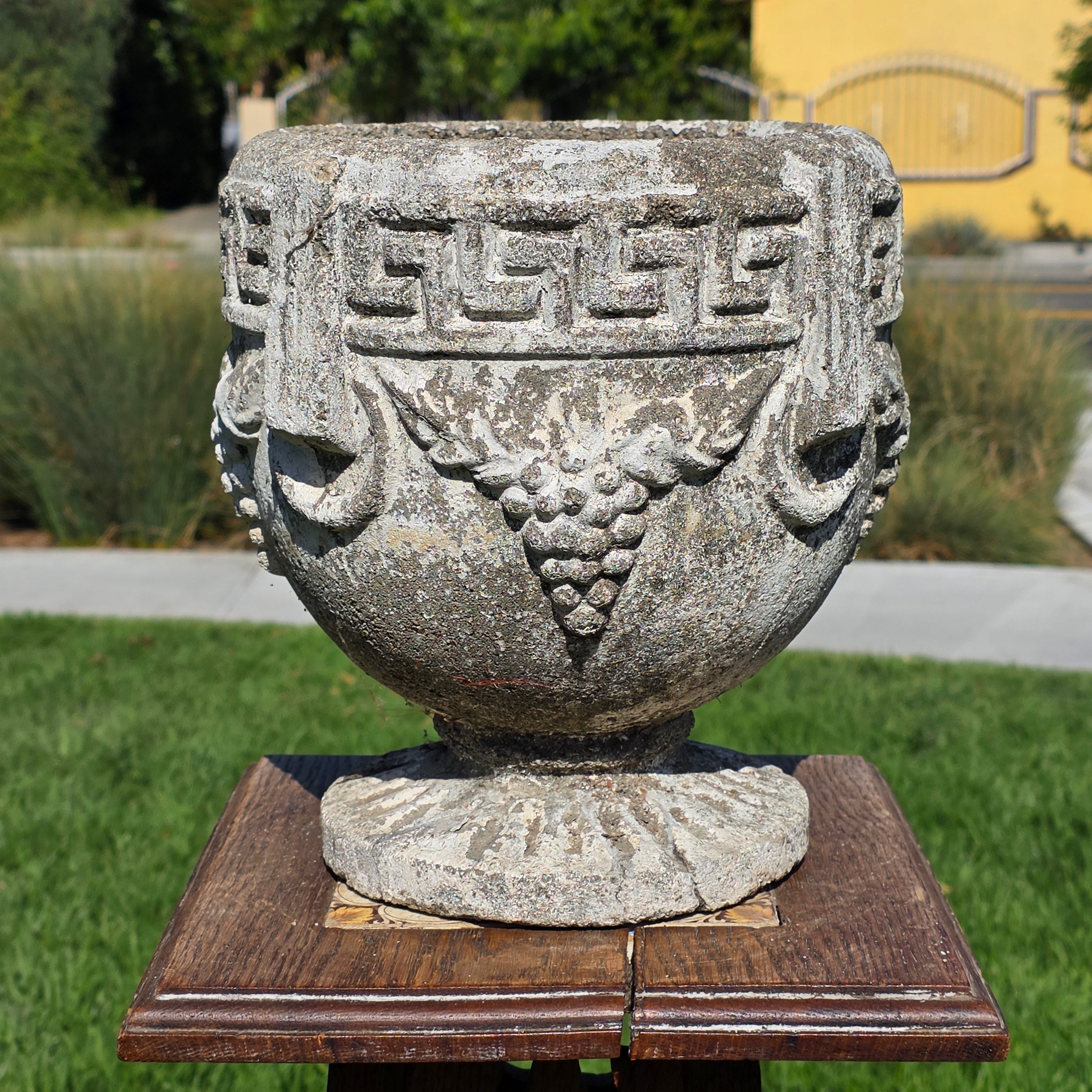 Vintage Concrete Garden Planter Greek Key Grape Urn Cast Stone Heavy Pot Repair