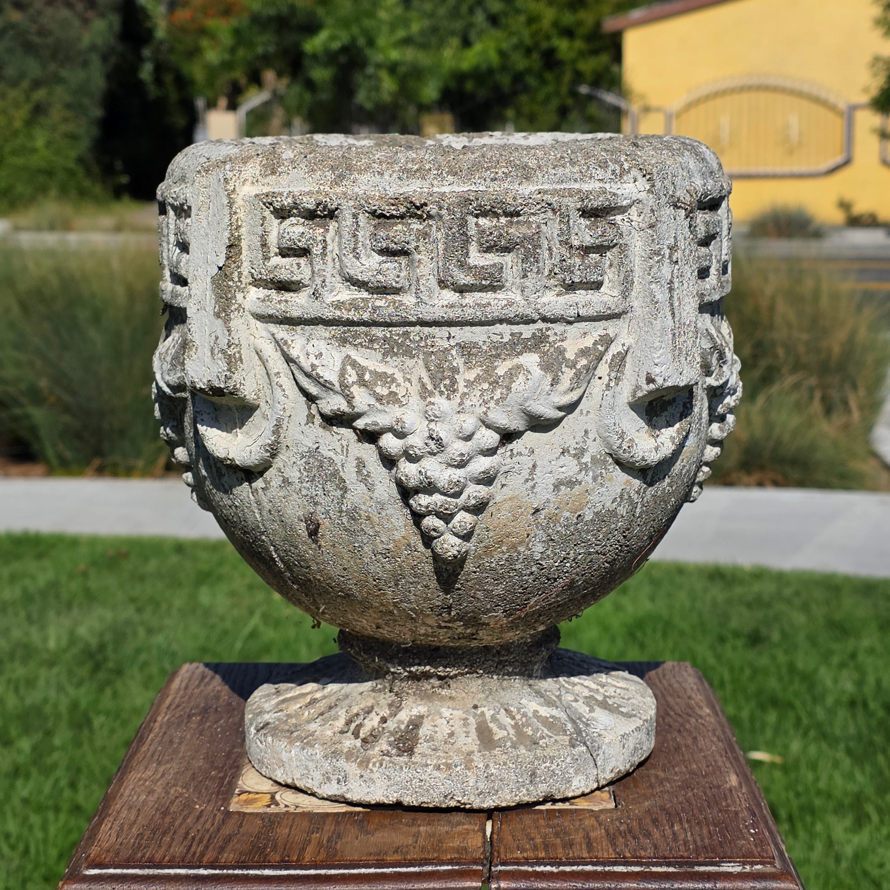 Vintage Concrete Garden Planter Greek Key Grape Urn Cast Stone Heavy Pot Repair