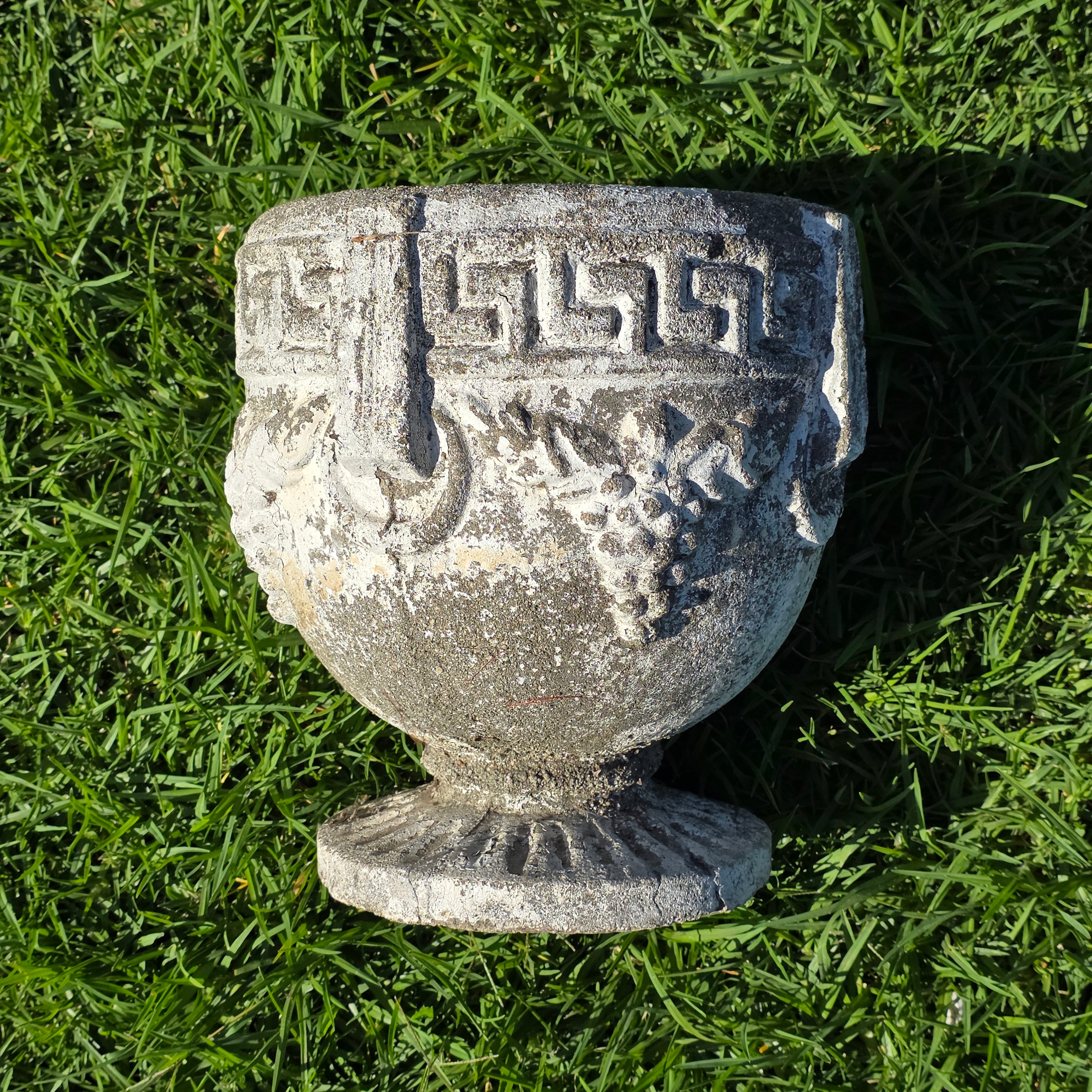 Vintage Concrete Garden Planter Greek Key Grape Urn Cast Stone Heavy Pot Repair
