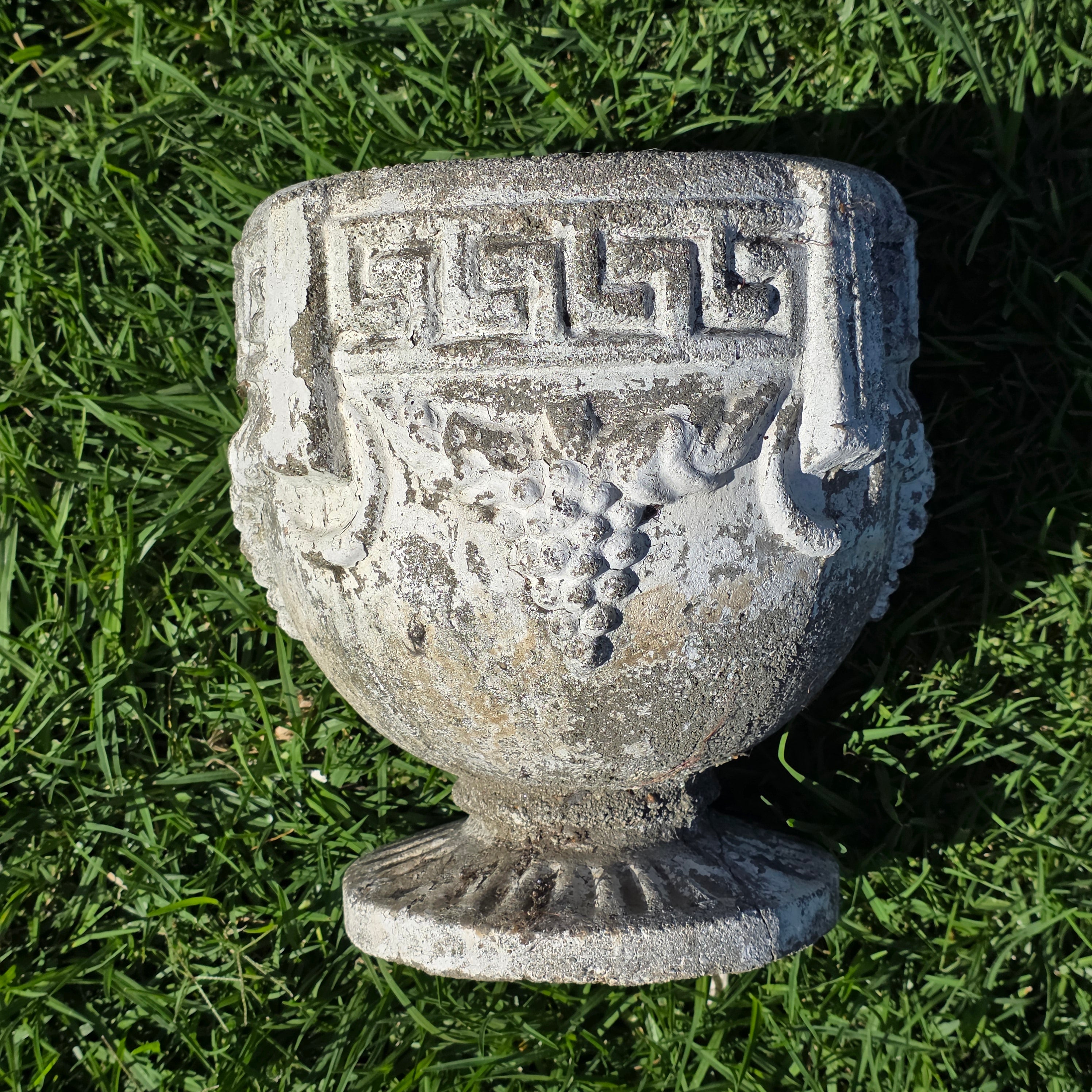 Vintage Concrete Garden Planter Greek Key Grape Urn Cast Stone Heavy Pot Repair