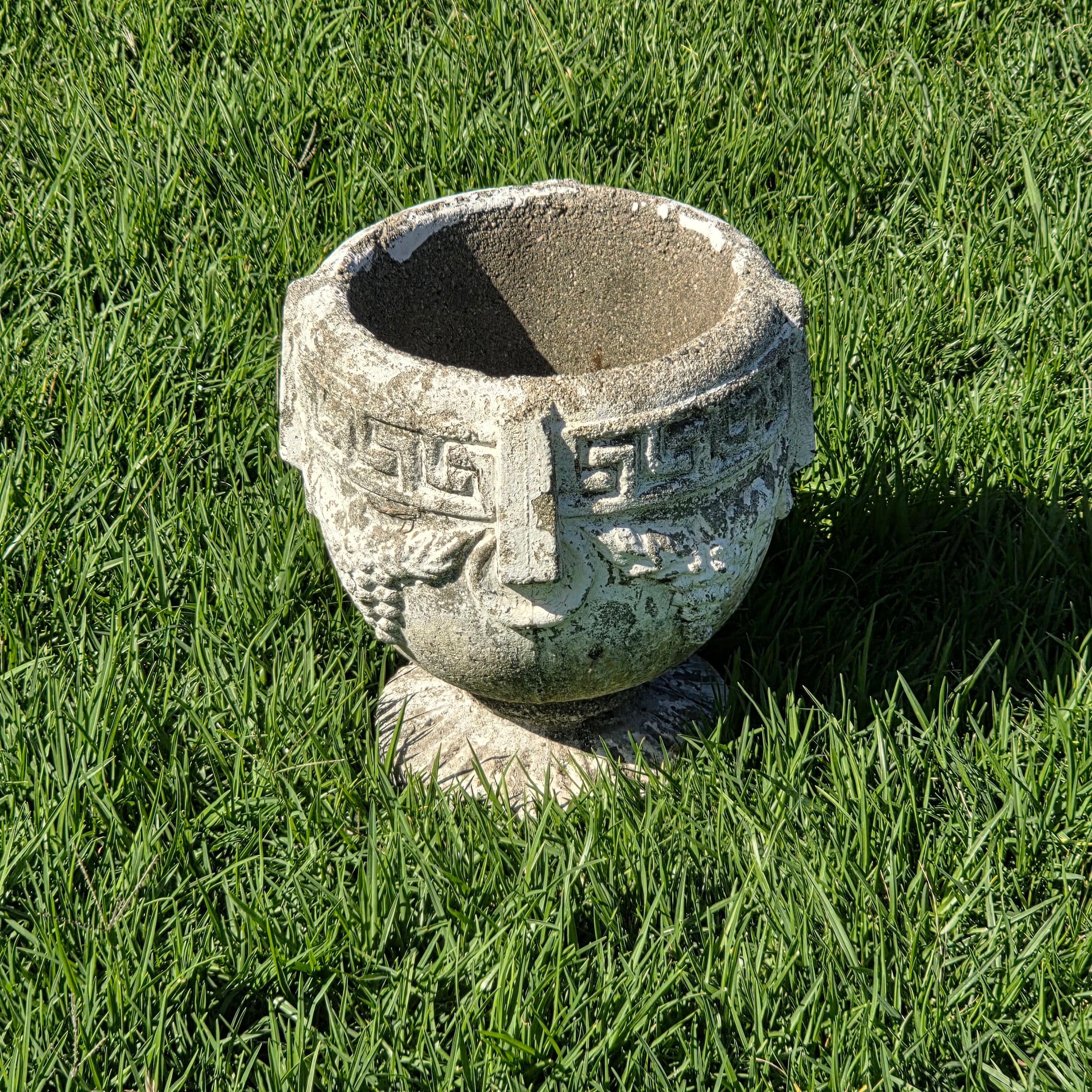 Vintage Concrete Garden Planter Greek Key Grape Urn Cast Stone Heavy Pot Repair