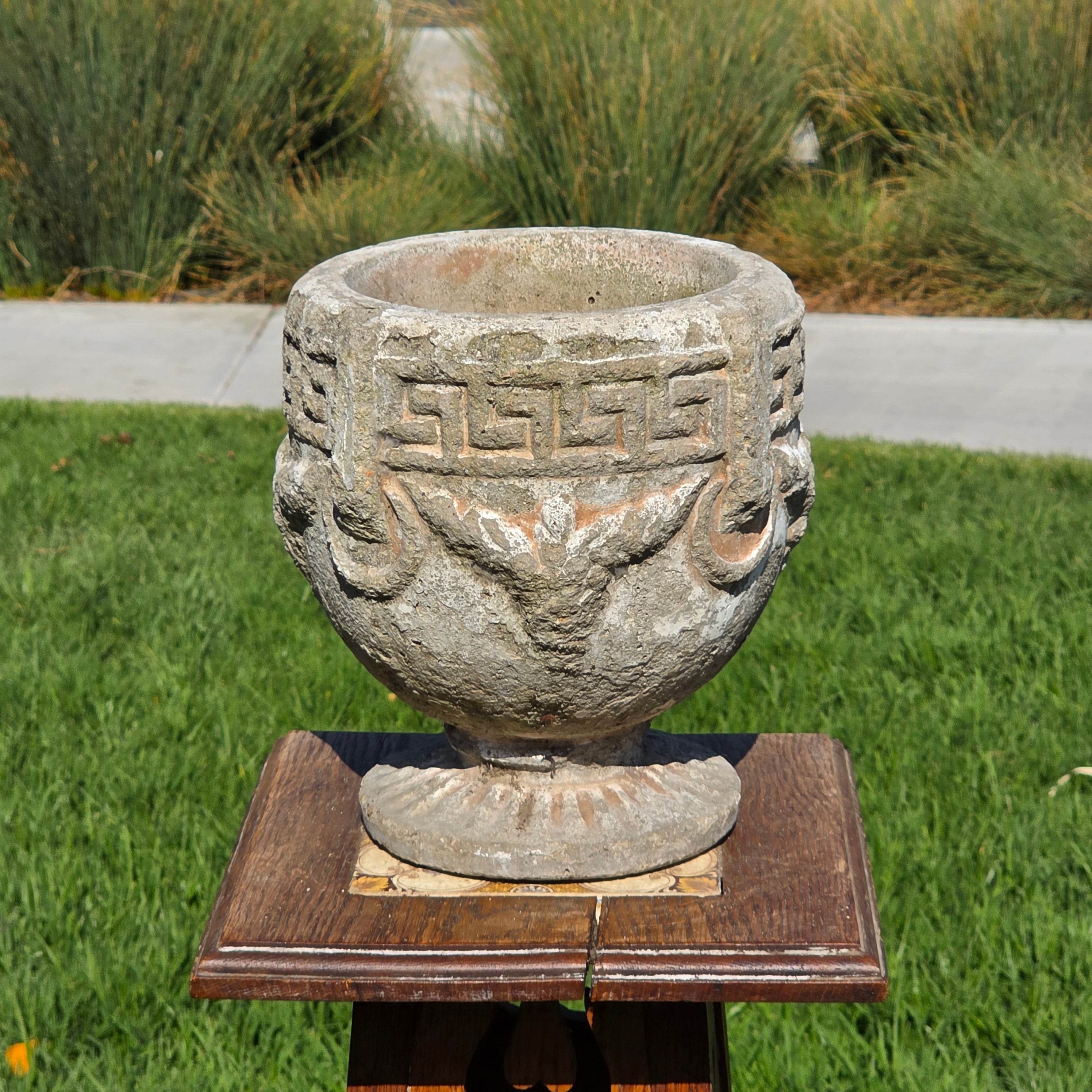 Vintage Concrete Garden Planter Greek Key Grape Urn Cast Stone Heavy Pot 18 lbs