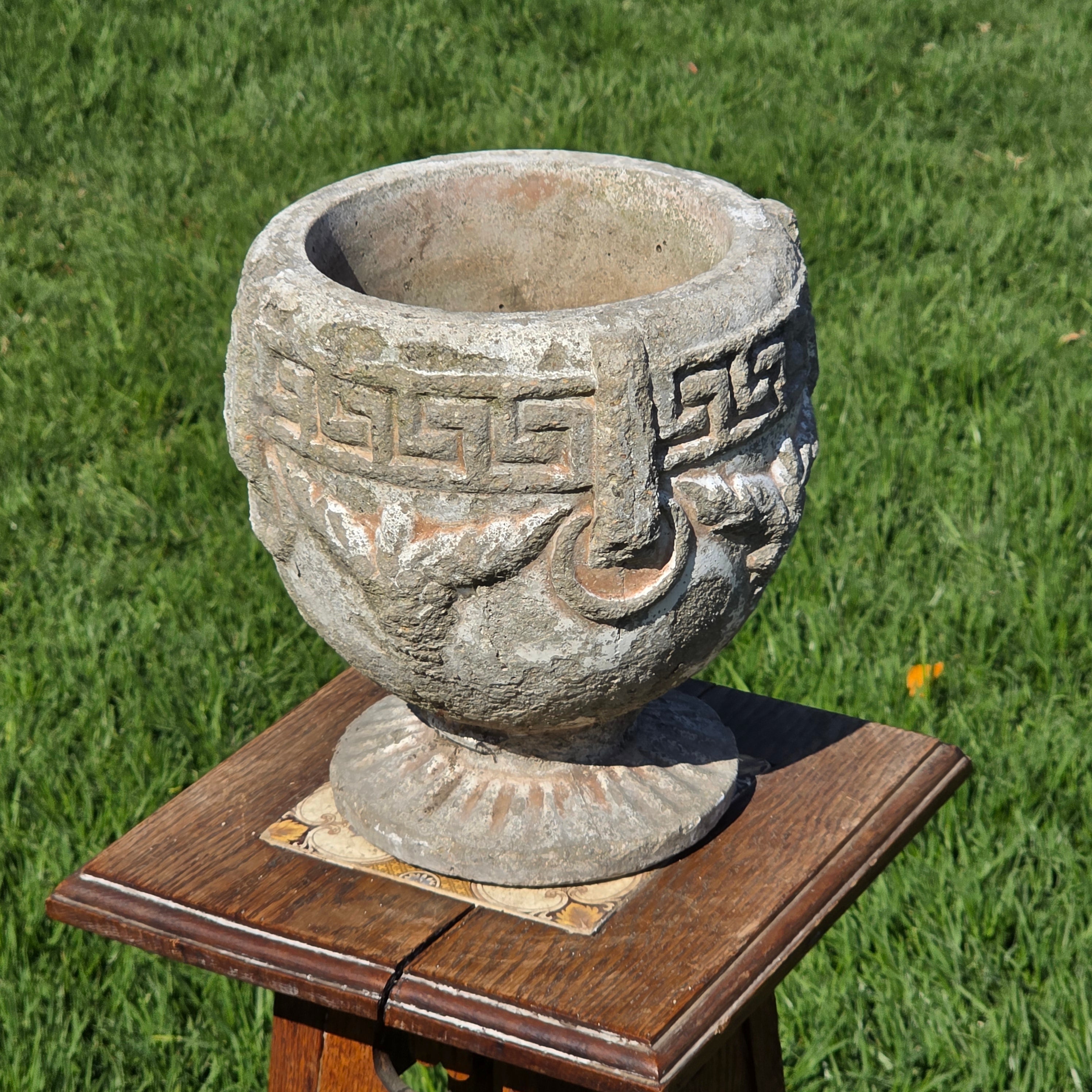 Vintage Concrete Garden Planter Greek Key Grape Urn Cast Stone Heavy Pot 18 lbs