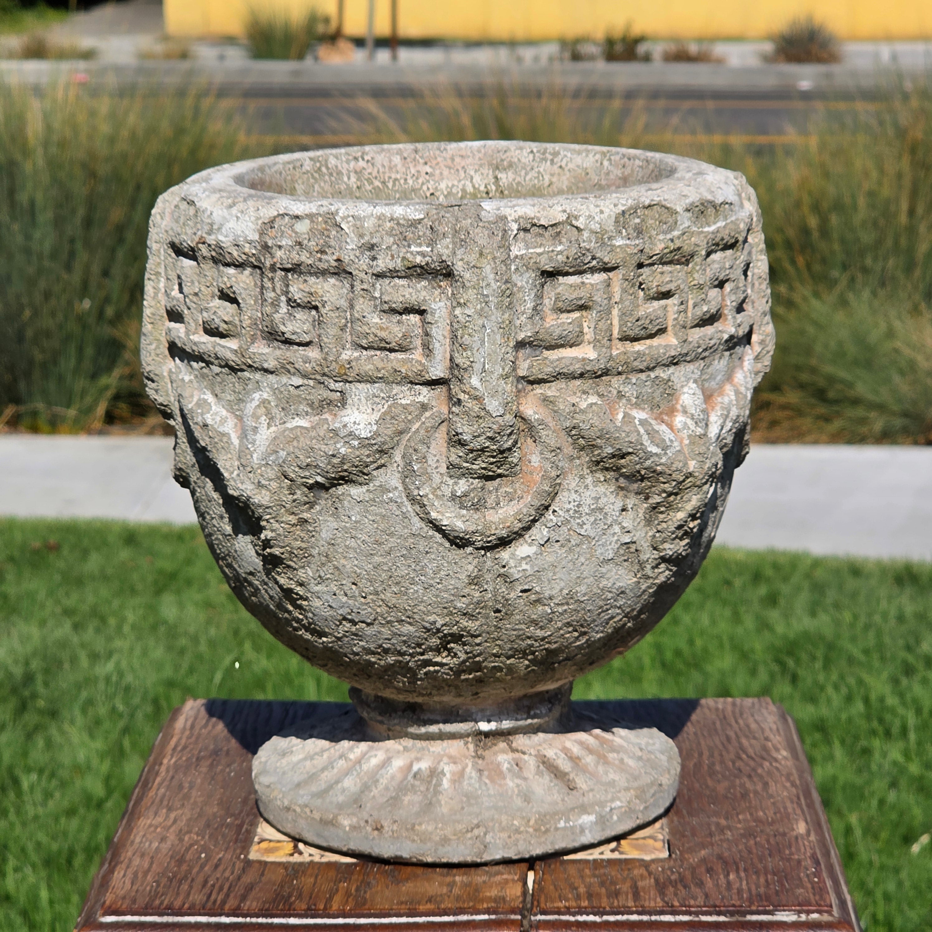 Vintage Concrete Garden Planter Greek Key Grape Urn Cast Stone Heavy Pot 18 lbs