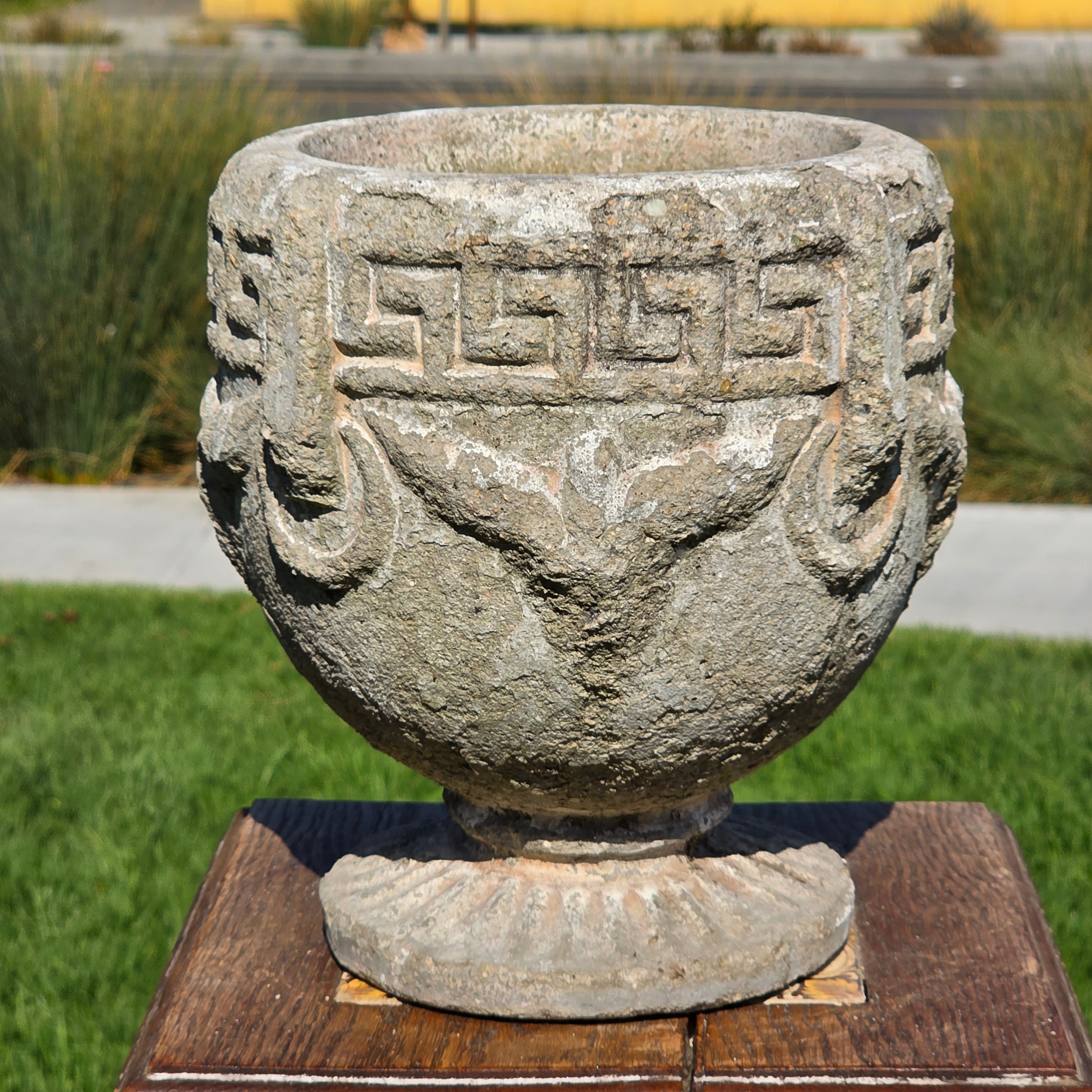 Vintage Concrete Garden Planter Greek Key Grape Urn Cast Stone Heavy Pot 18 lbs