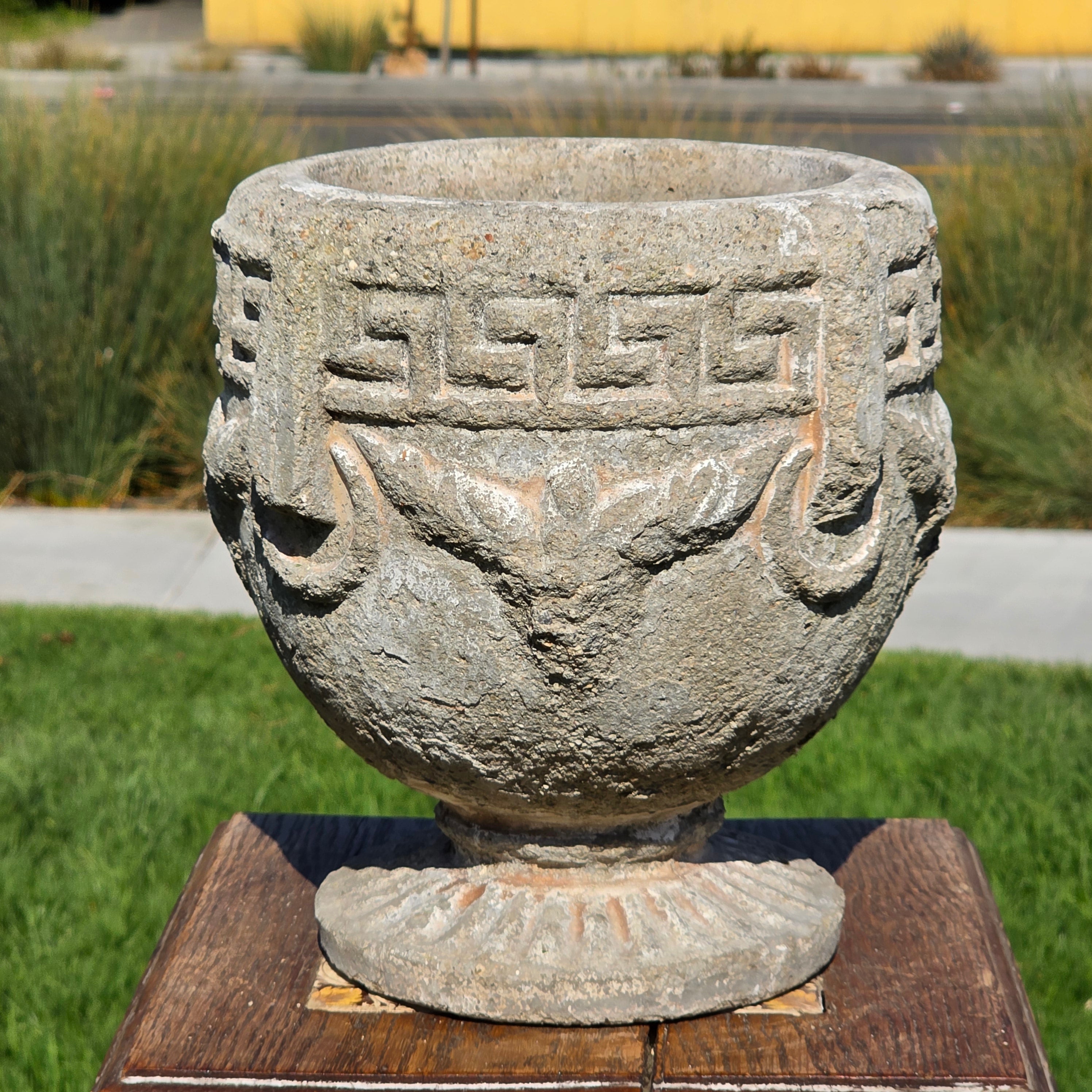 Vintage Concrete Garden Planter Greek Key Grape Urn Cast Stone Heavy Pot 18 lbs