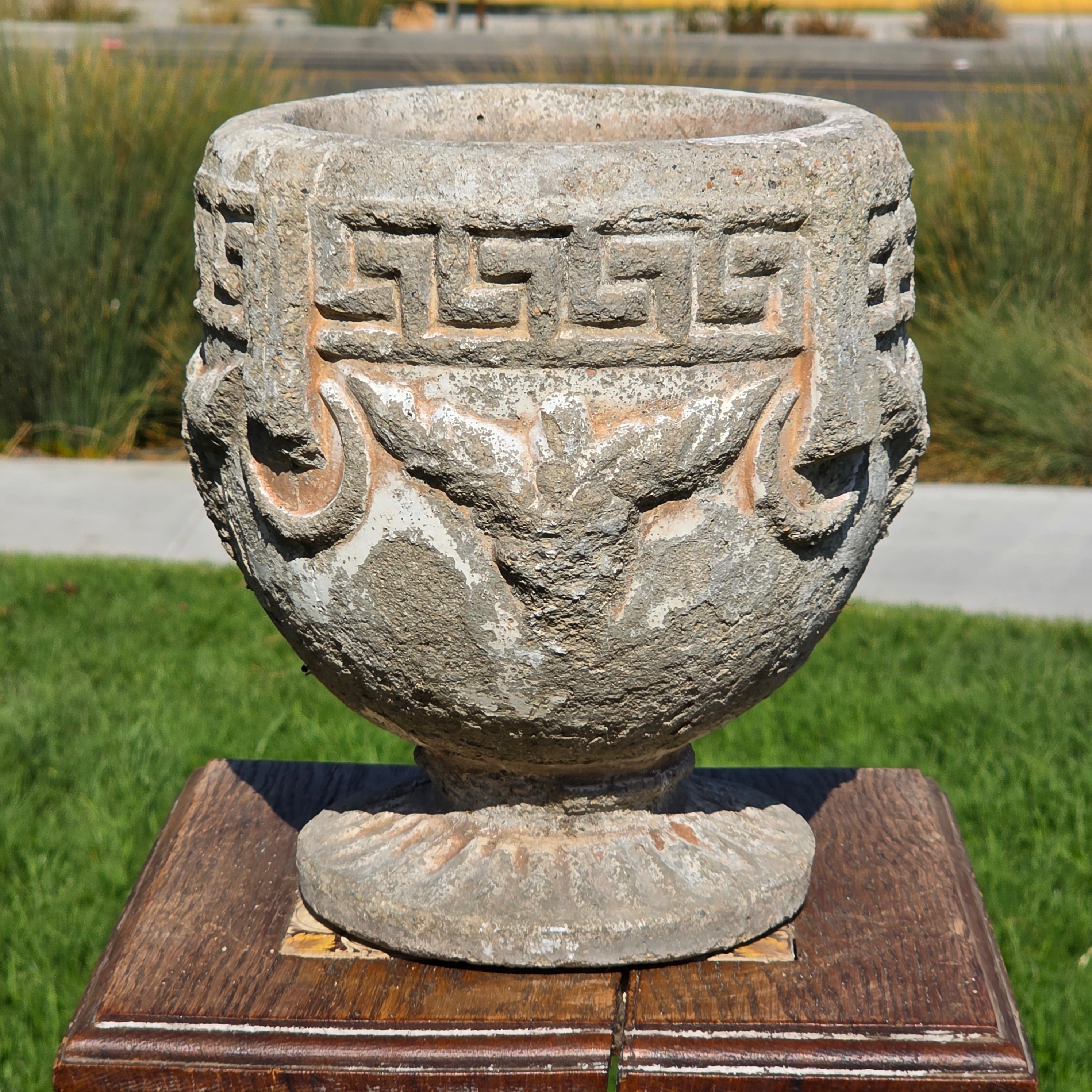 Vintage Concrete Garden Planter Greek Key Grape Urn Cast Stone Heavy Pot 18 lbs