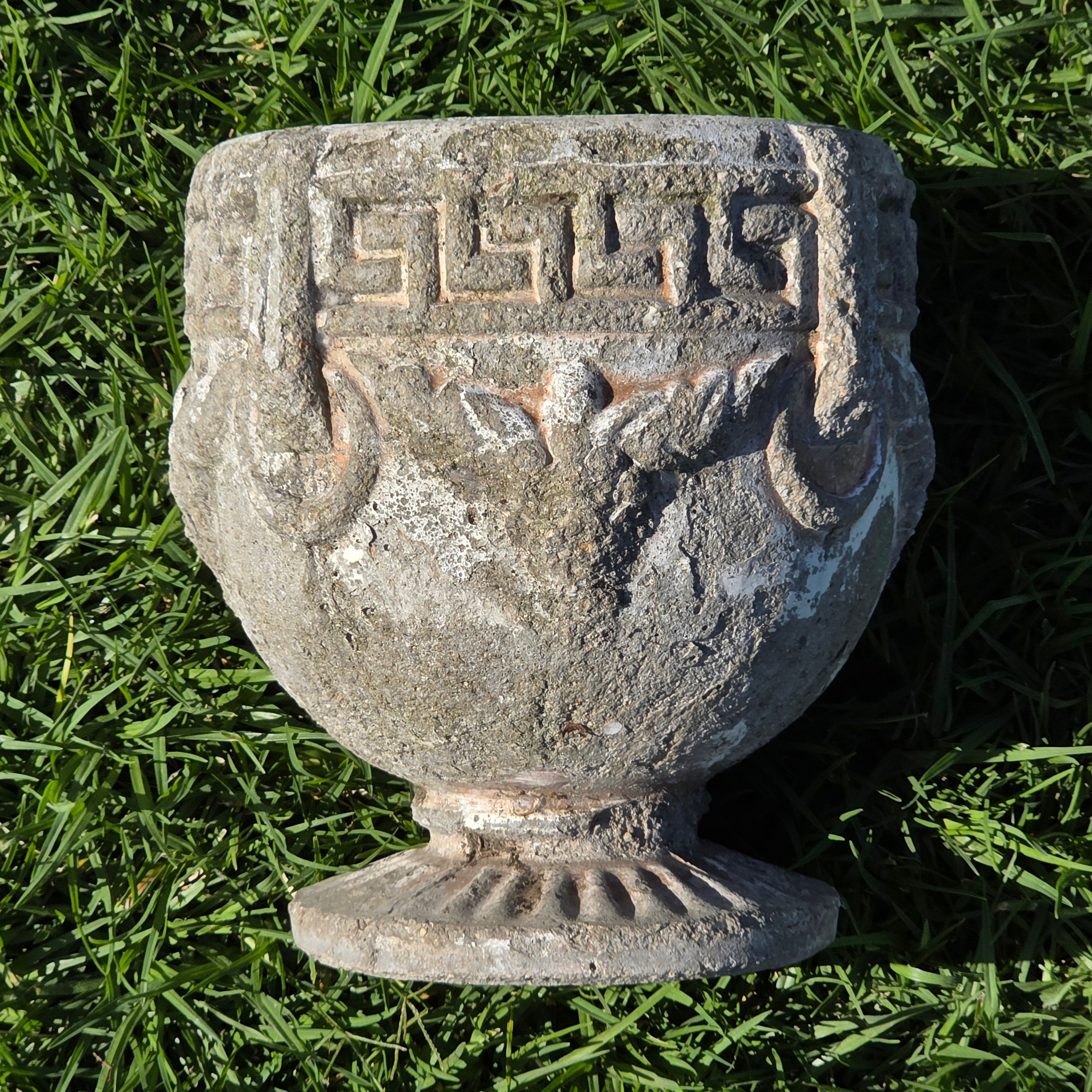 Vintage Concrete Garden Planter Greek Key Grape Urn Cast Stone Heavy Pot 18 lbs
