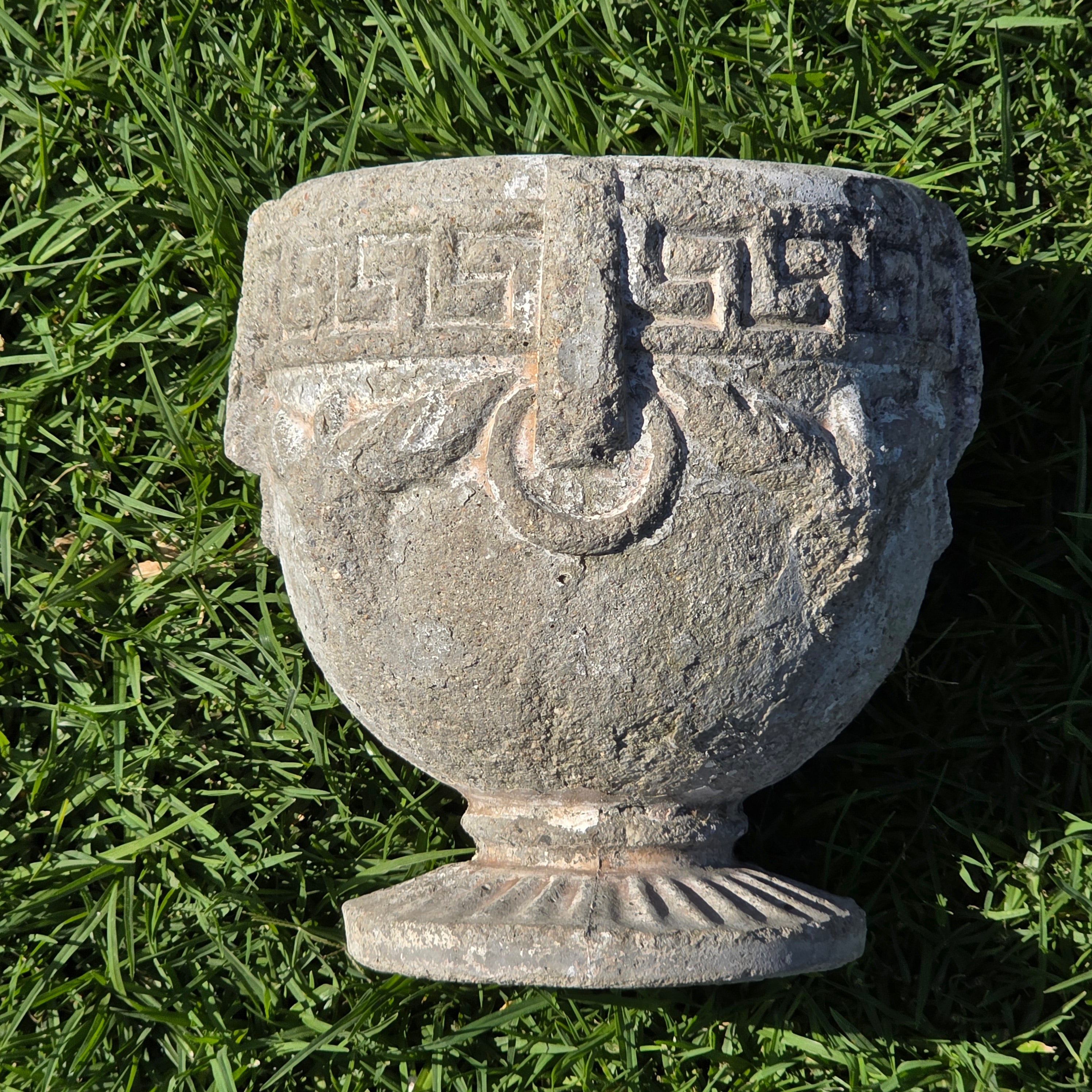 Vintage Concrete Garden Planter Greek Key Grape Urn Cast Stone Heavy Pot 18 lbs