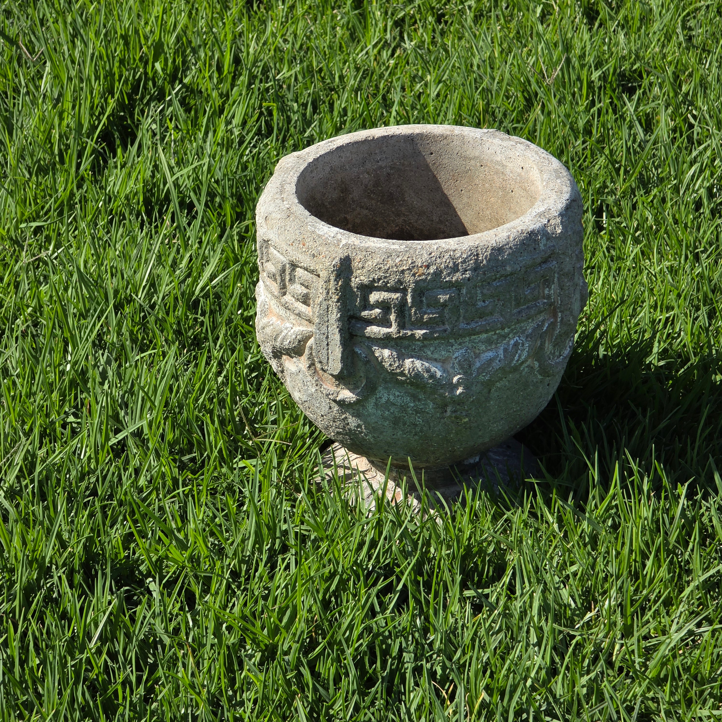 Vintage Concrete Garden Planter Greek Key Grape Urn Cast Stone Heavy Pot 18 lbs