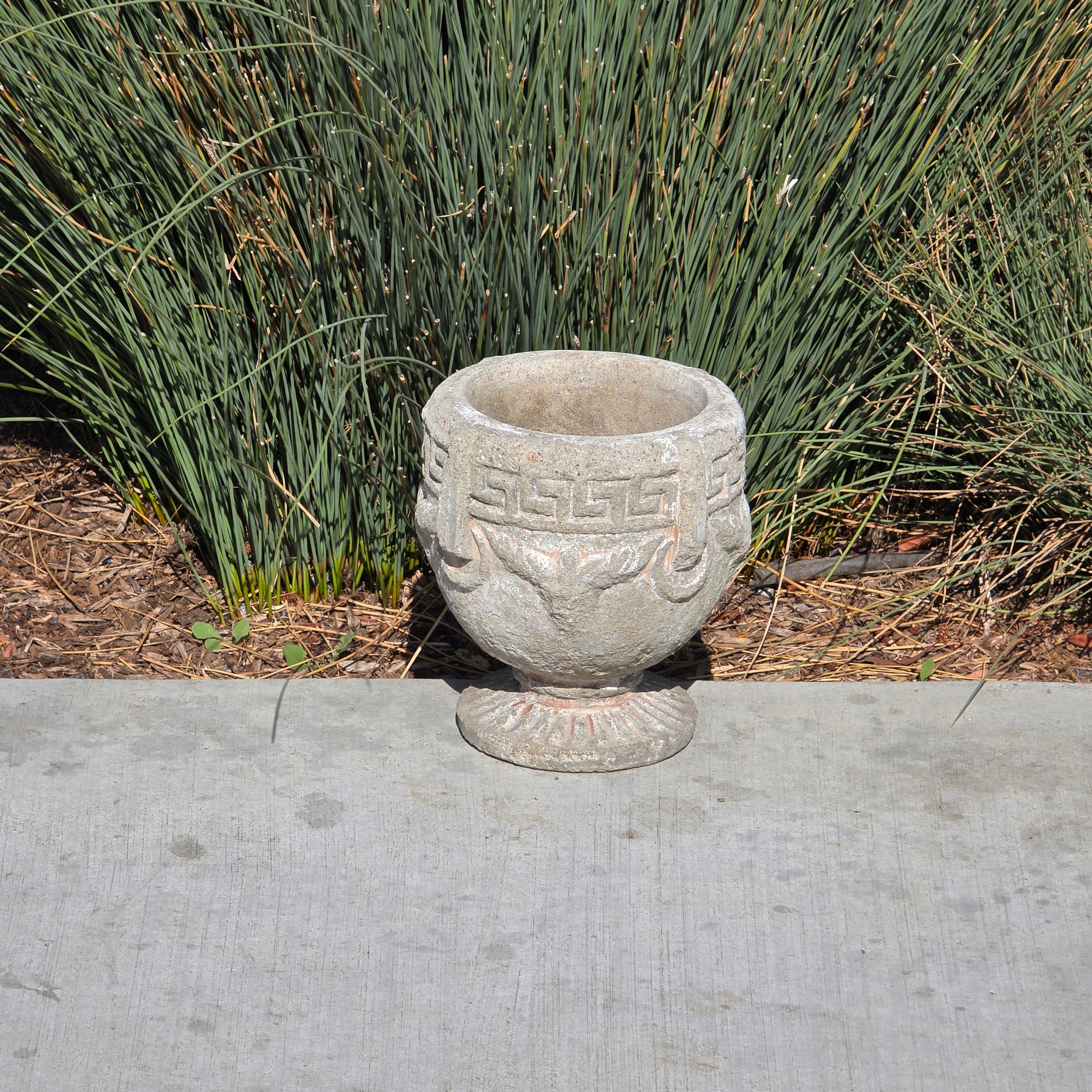 Vintage Concrete Garden Planter Greek Key Grape Urn Cast Stone Heavy Pot 18 lbs