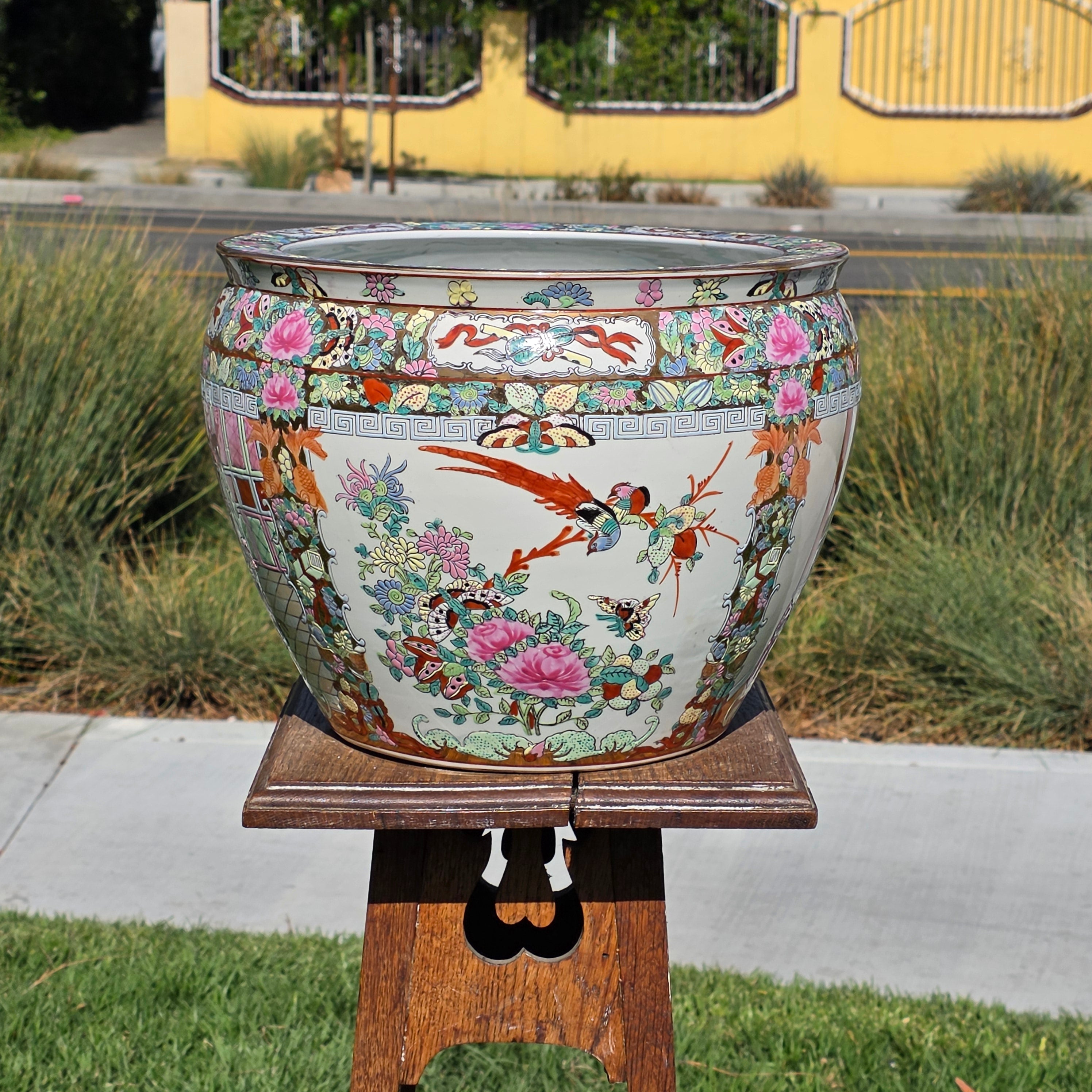 Large Chinese Koi Chrysanthemum Planter Incised Fish Bowl Vase Jardiniere 12"