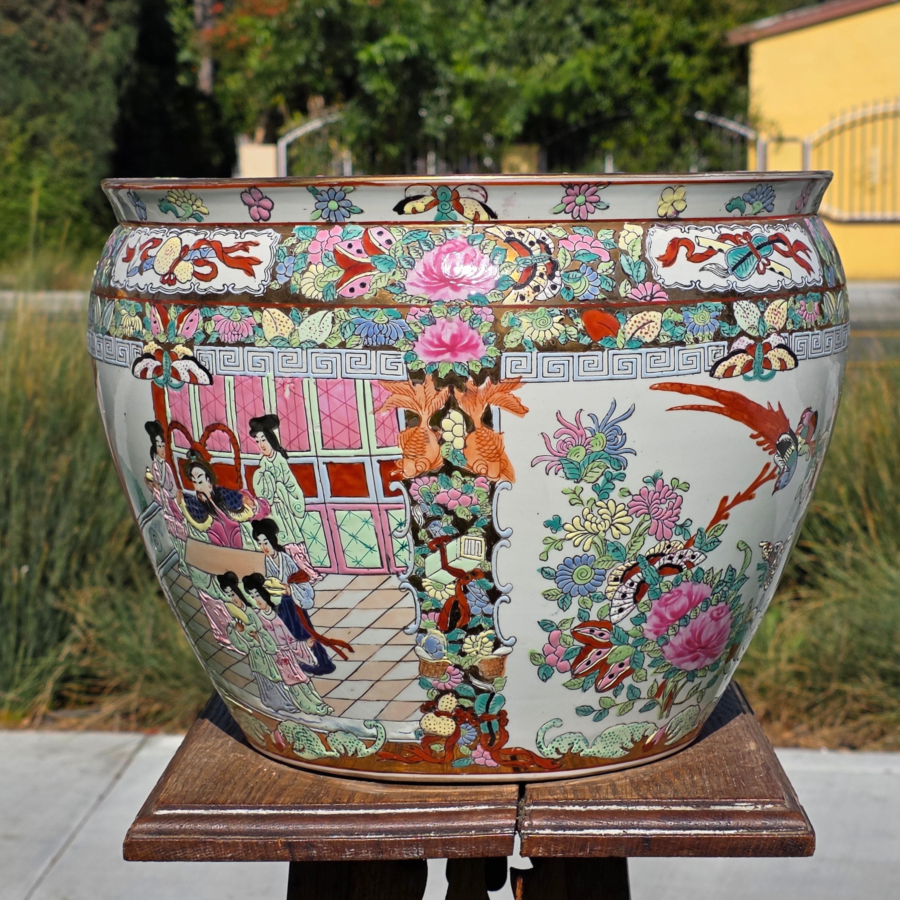 Large Chinese Koi Chrysanthemum Planter Incised Fish Bowl Vase Jardiniere 12"