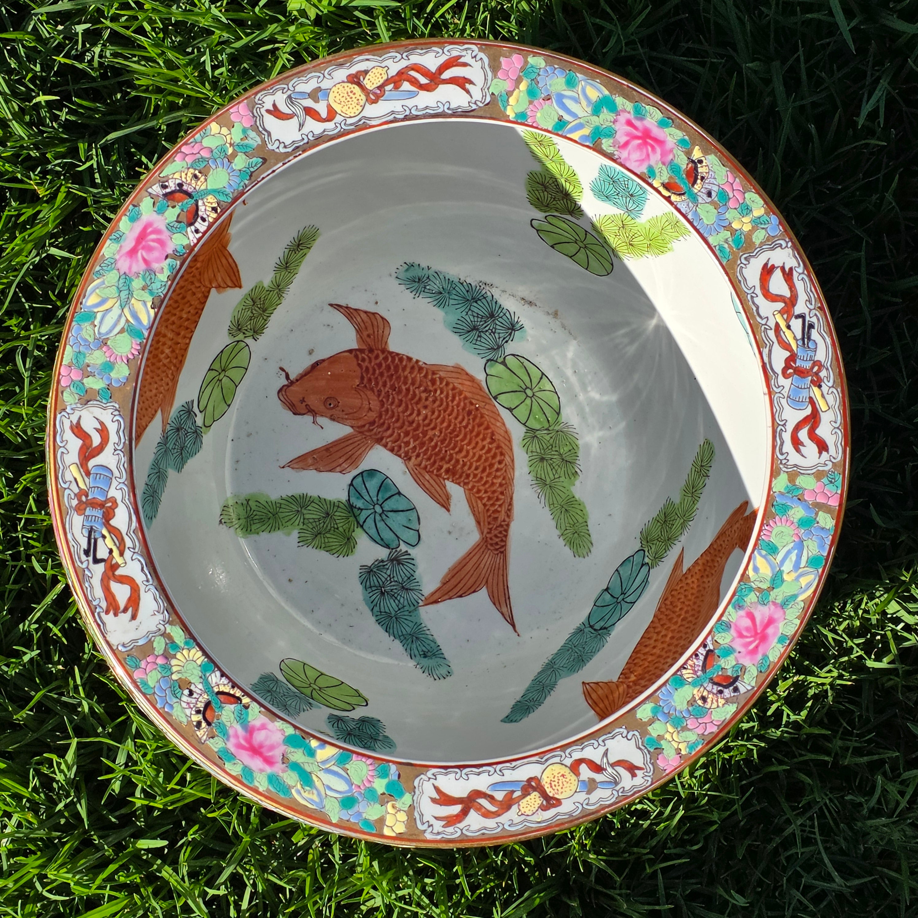Large Chinese Koi Chrysanthemum Planter Incised Fish Bowl Vase Jardiniere 12"