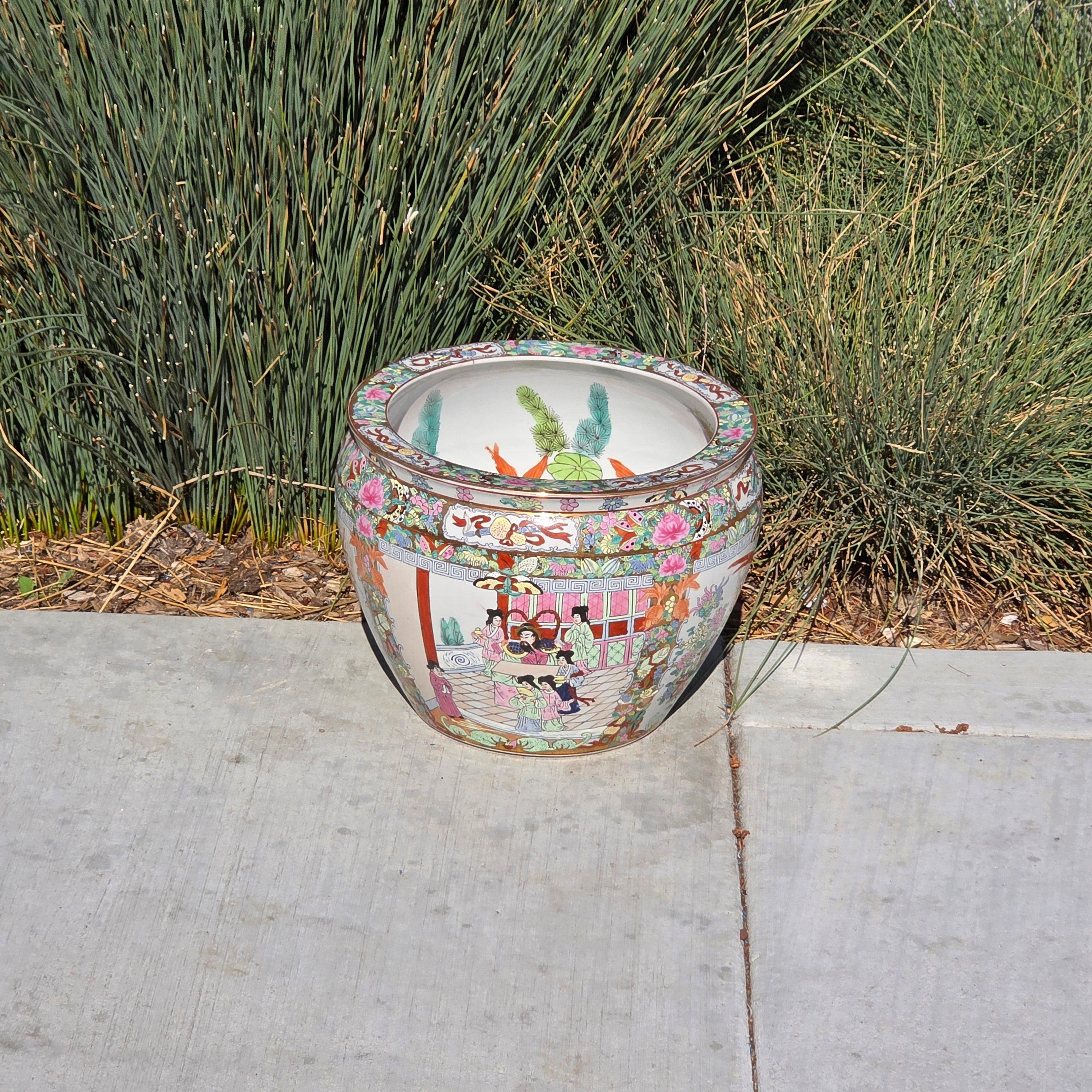 Large Chinese Koi Chrysanthemum Planter Incised Fish Bowl Vase Jardiniere 12"