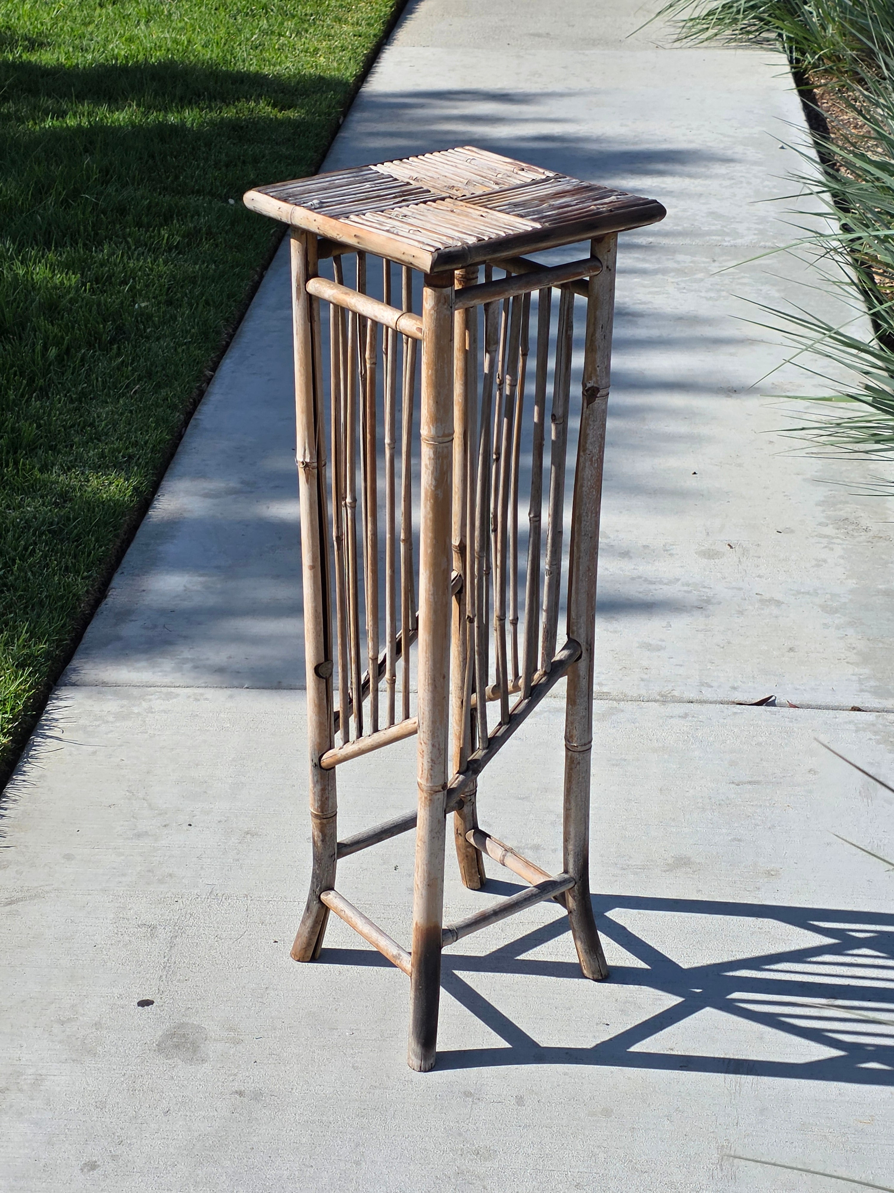 Vintage Boho Bamboo Plant Stand Tall Flower Pot Holder Rattan Tiki Basketweave