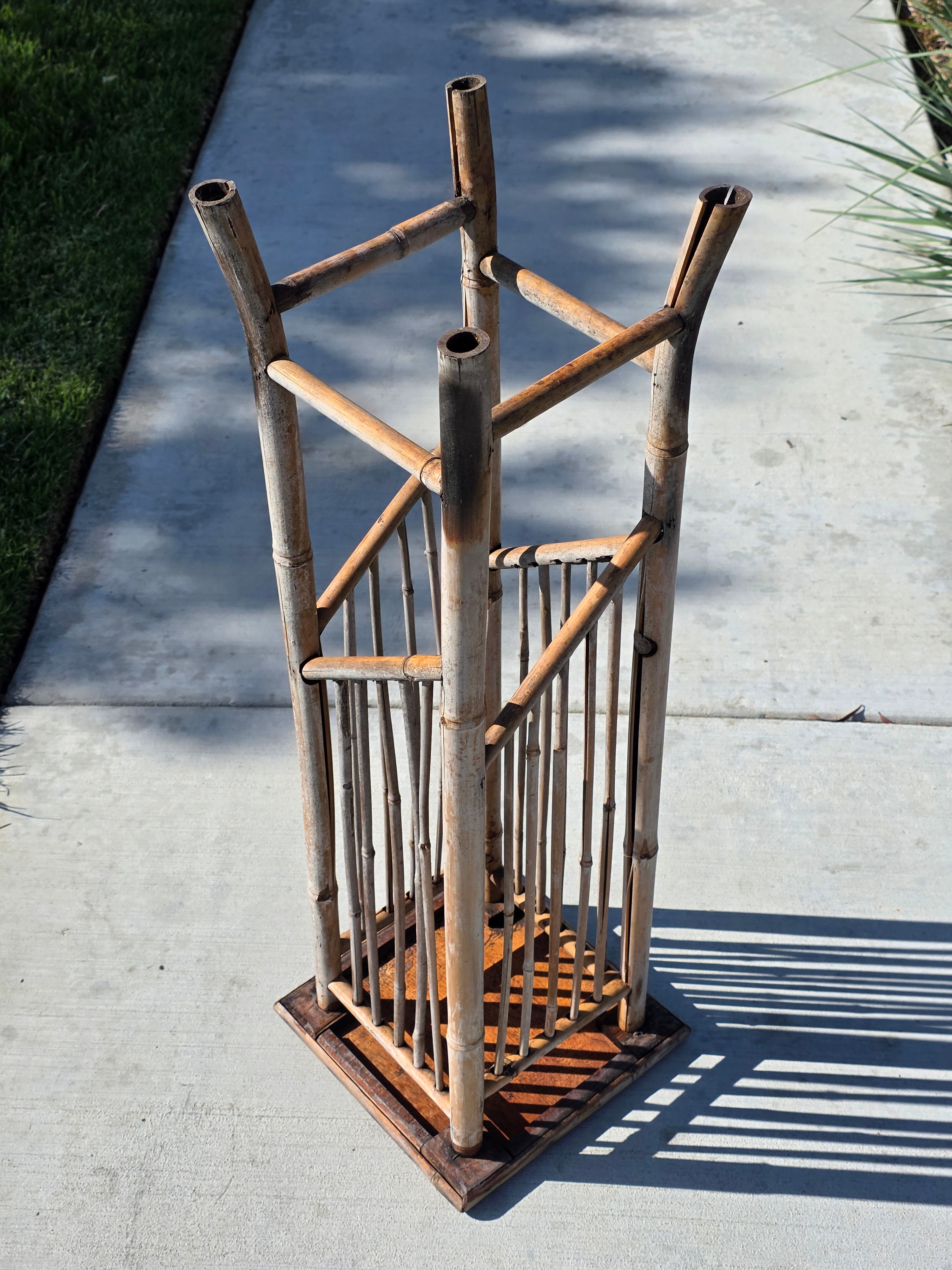 Vintage Boho Bamboo Plant Stand Tall Flower Pot Holder Rattan Tiki Basketweave