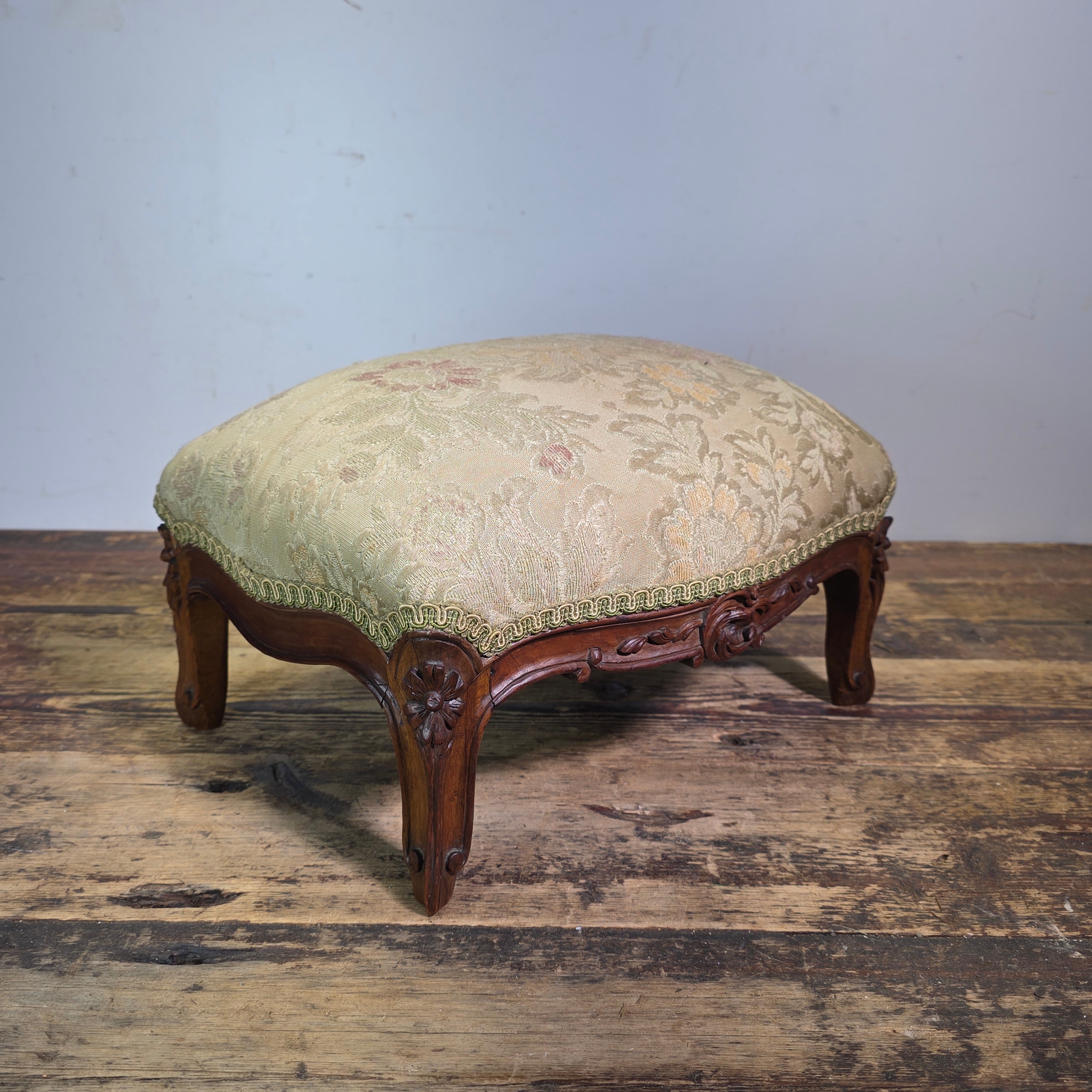 Vintage Louis XV Style Footstool Ottoman Carved Wood Rococo Brocade Small Stool