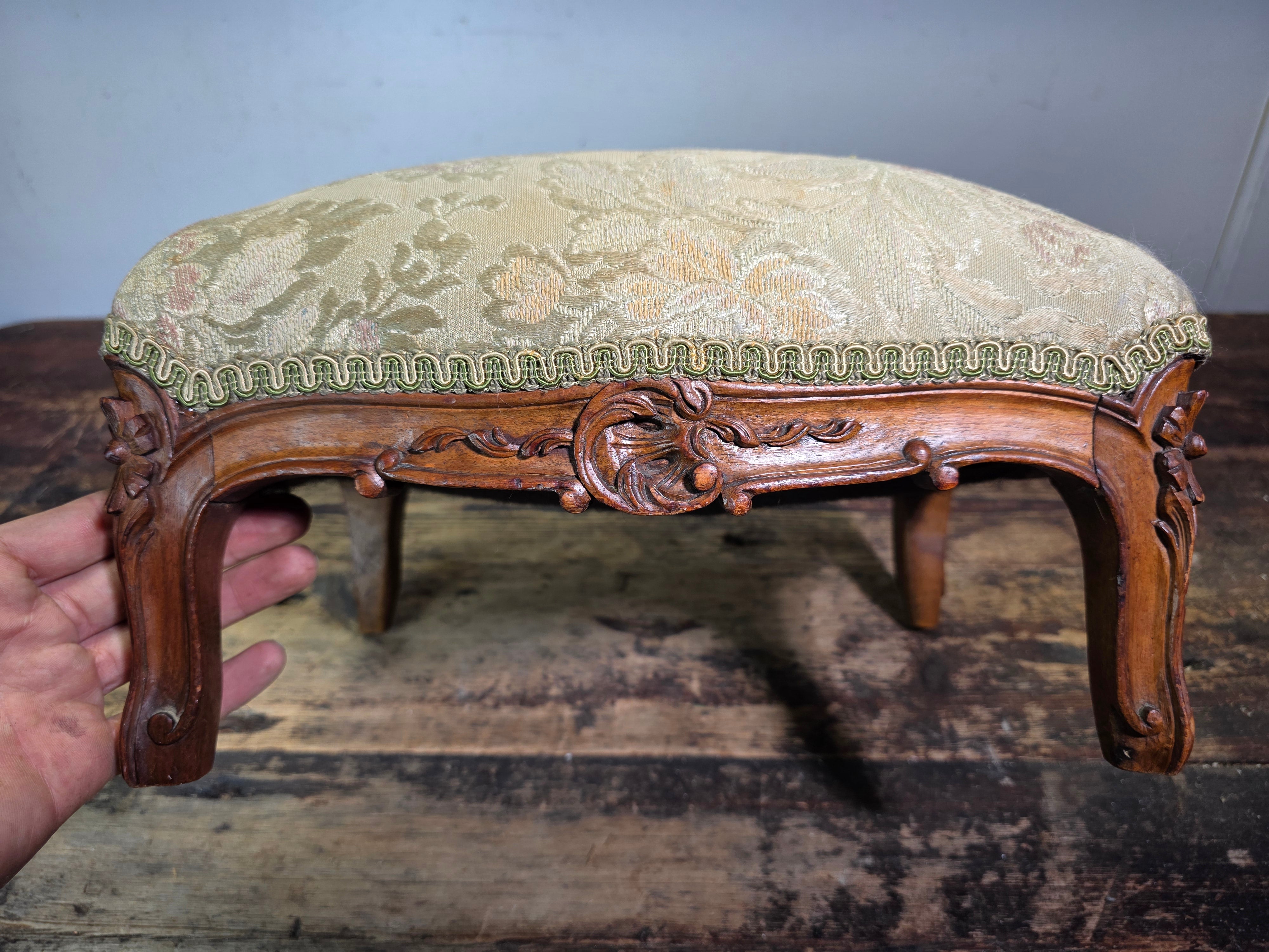 Vintage Louis XV Style Footstool Ottoman Carved Wood Rococo Brocade Small Stool