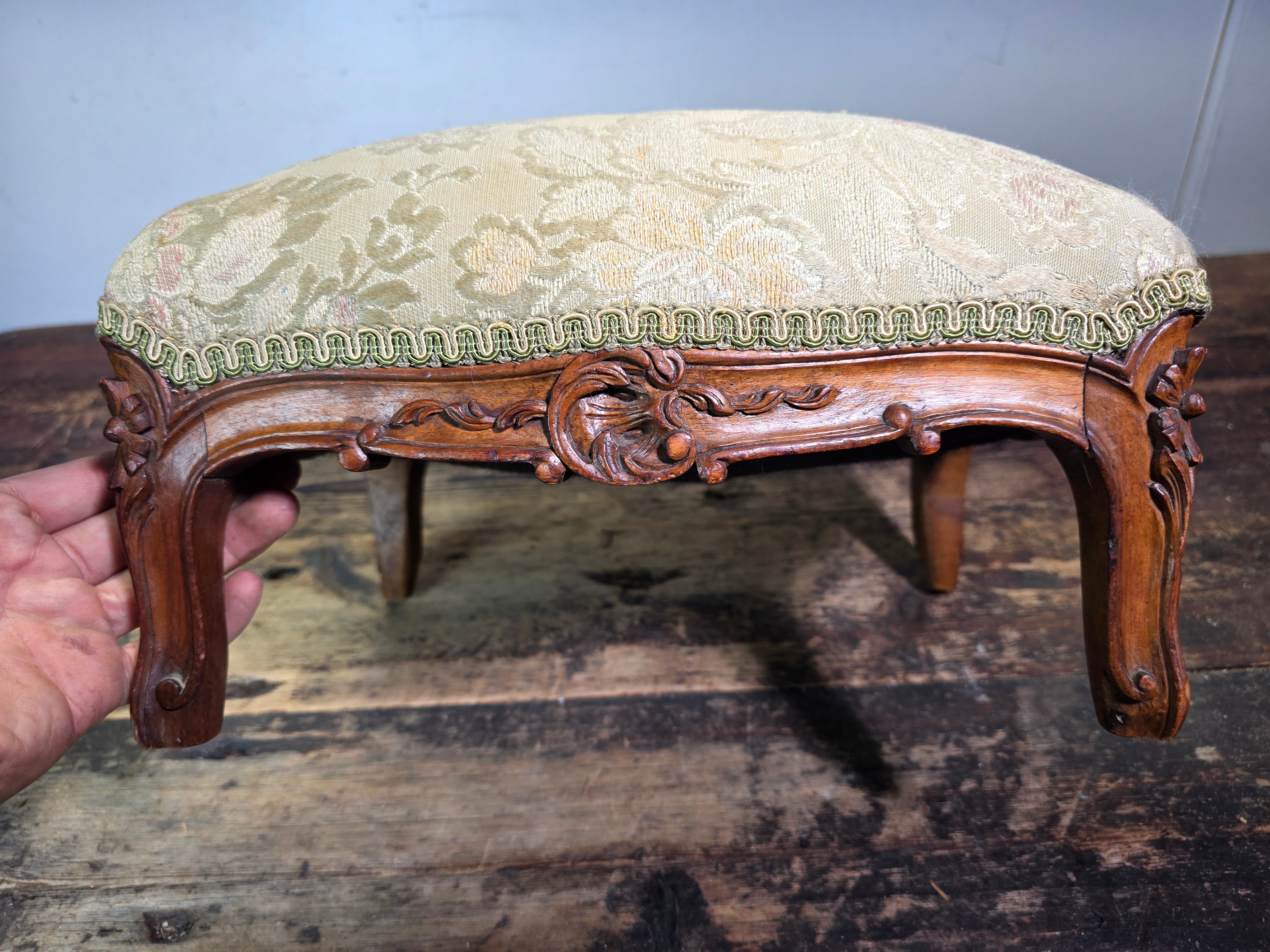 Vintage Louis XV Style Footstool Ottoman Carved Wood Rococo Brocade Small Stool