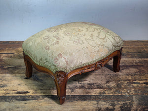 Vintage Louis XV Style Footstool Ottoman Carved Wood Rococo Brocade Small Stool