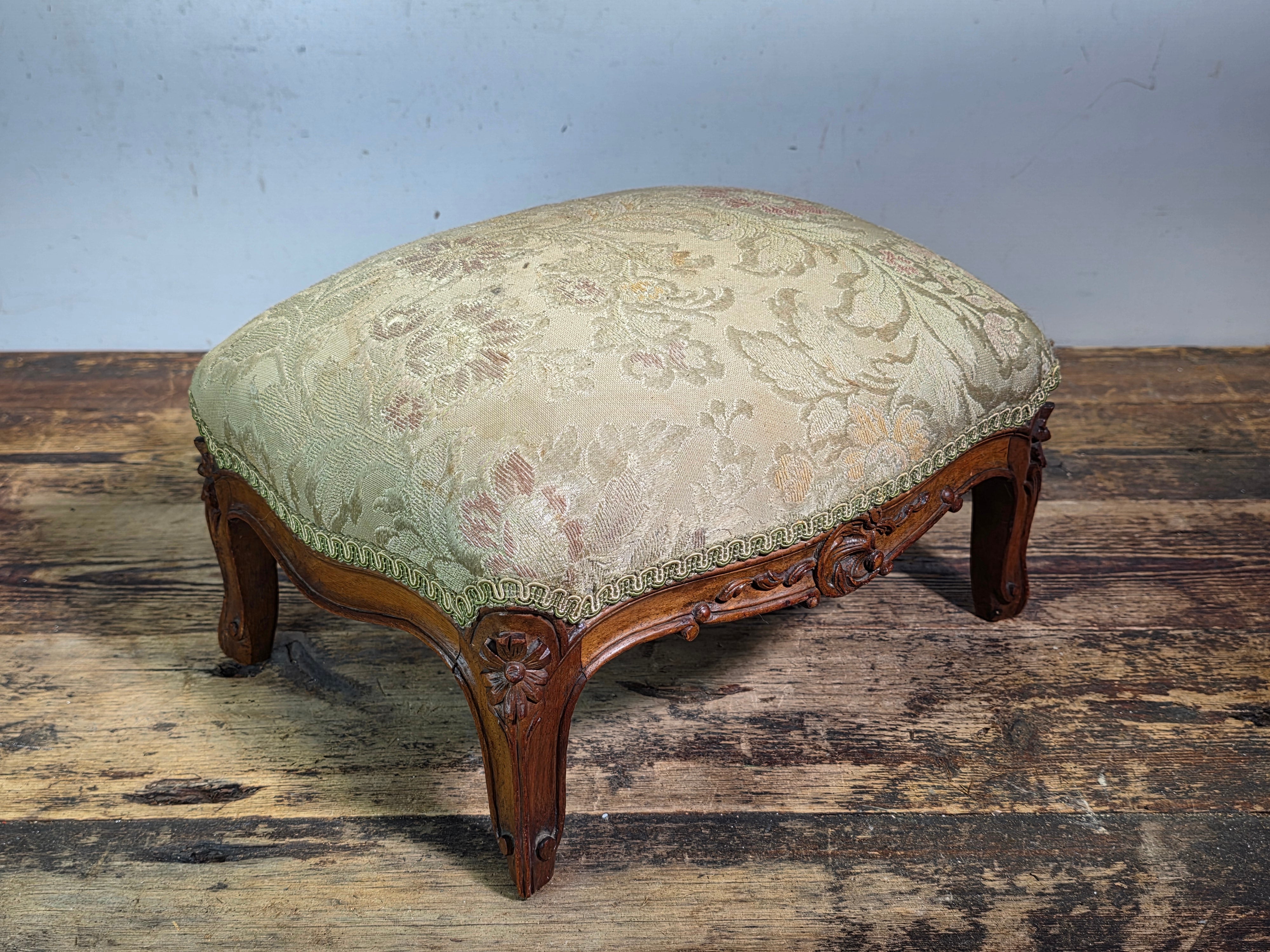 Vintage Louis XV Style Footstool Ottoman Carved Wood Rococo Brocade Small Stool