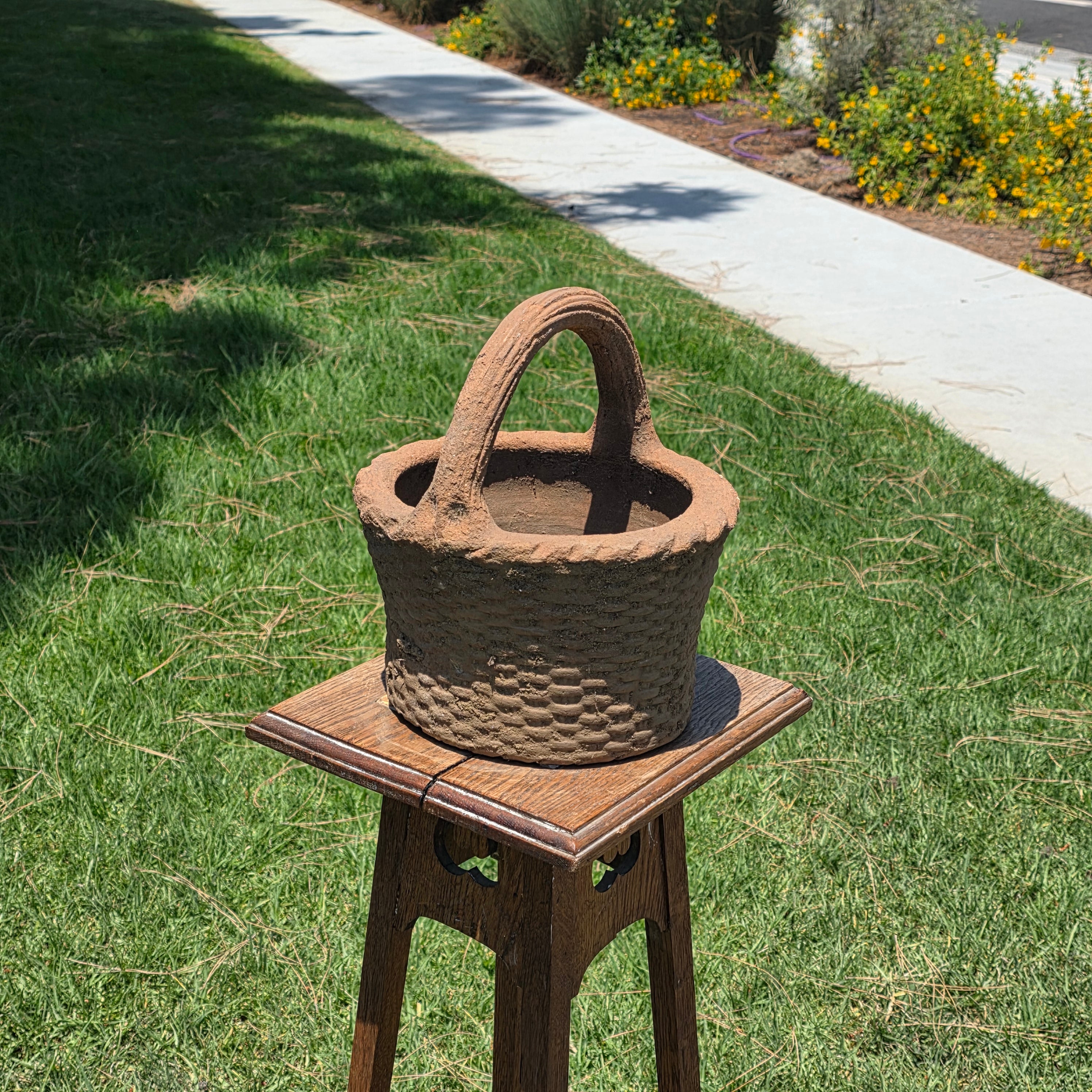 Vintage Terracotta Basket Planter Clay Woven Basket Pottery Rustic Garden Pot