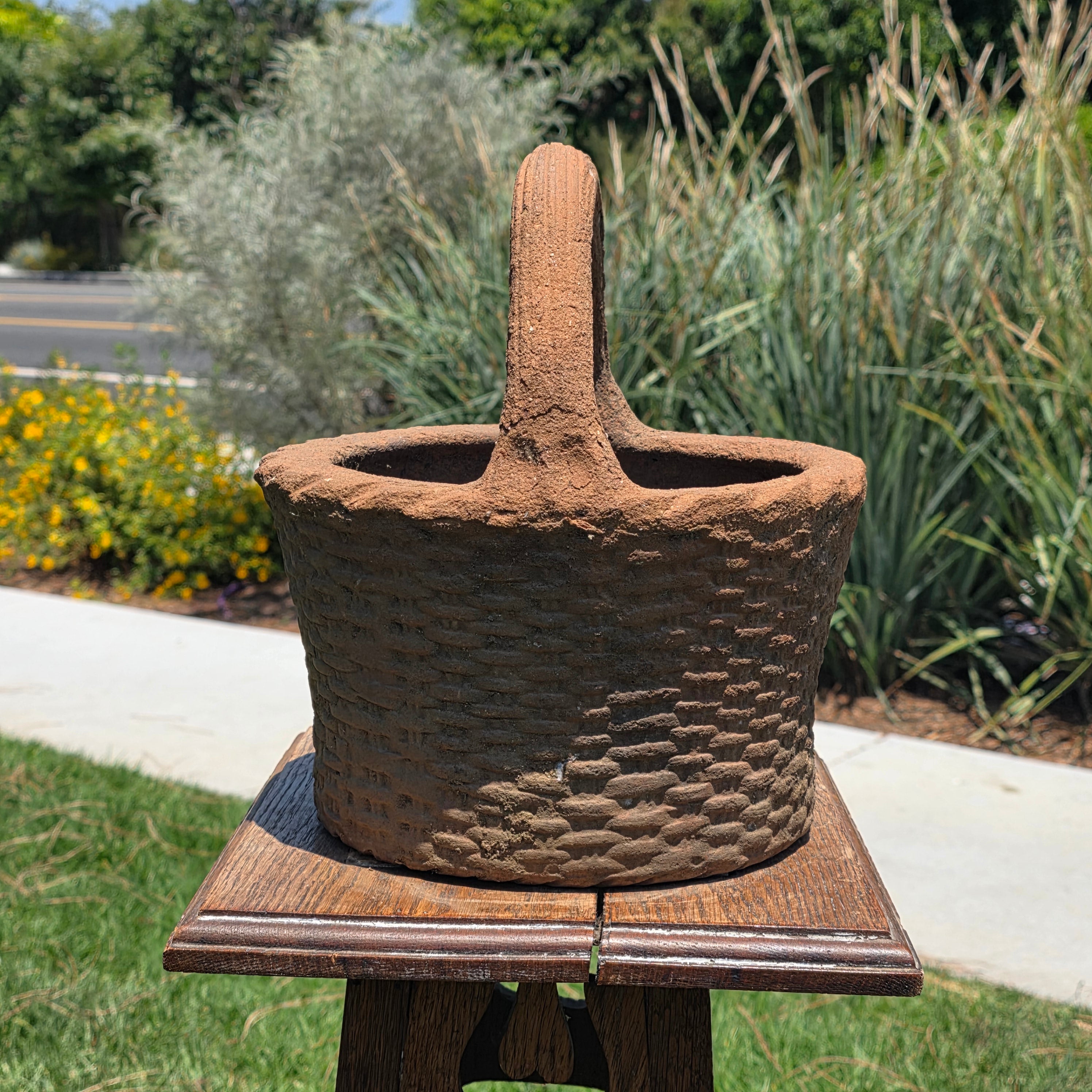 Vintage Terracotta Basket Planter Clay Woven Basket Pottery Rustic Garden Pot