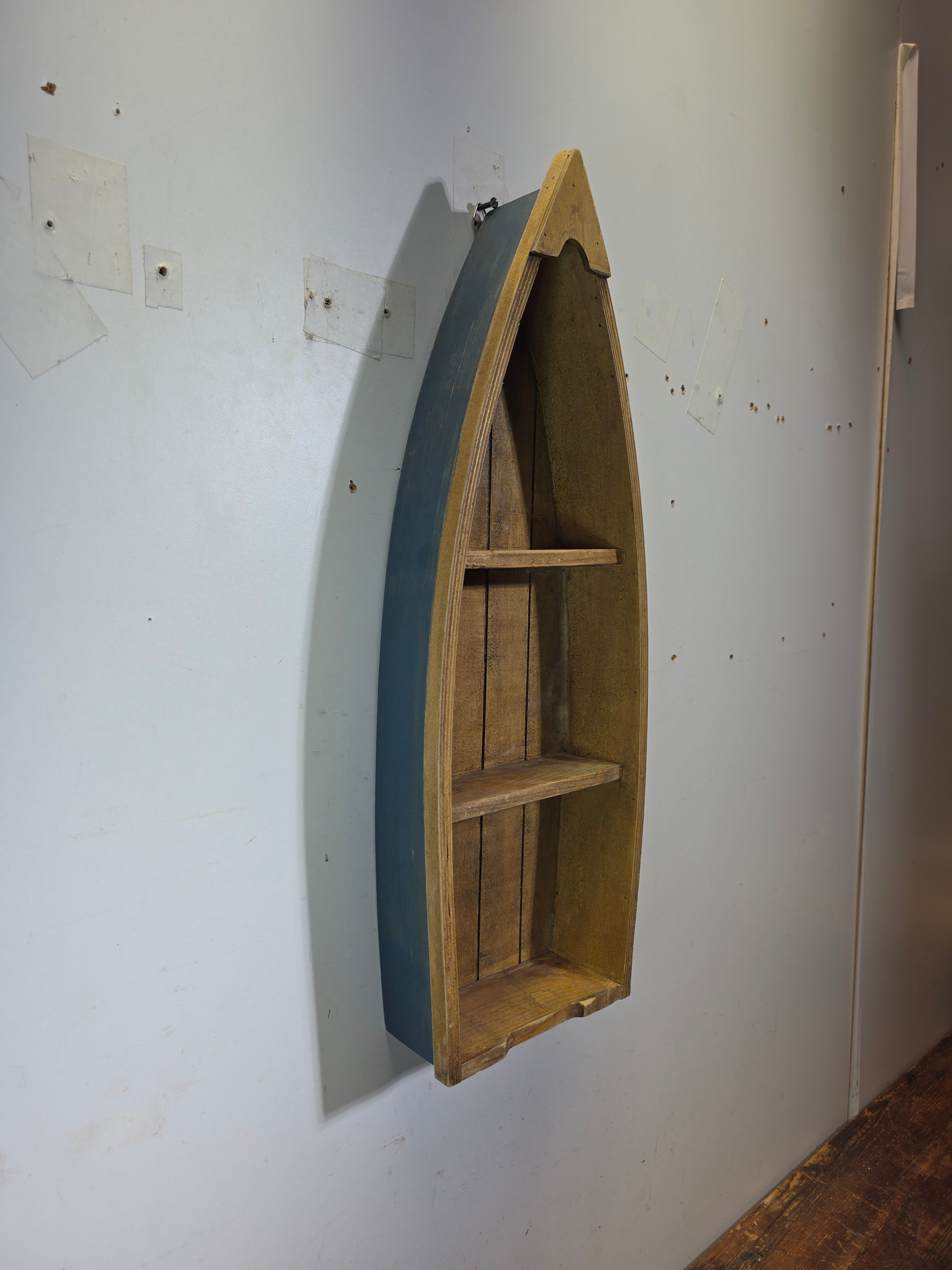 Vintage Wood Boat Wall Shelf Nautical Row Boat Shape Hanging Rack Blue Honey 23"